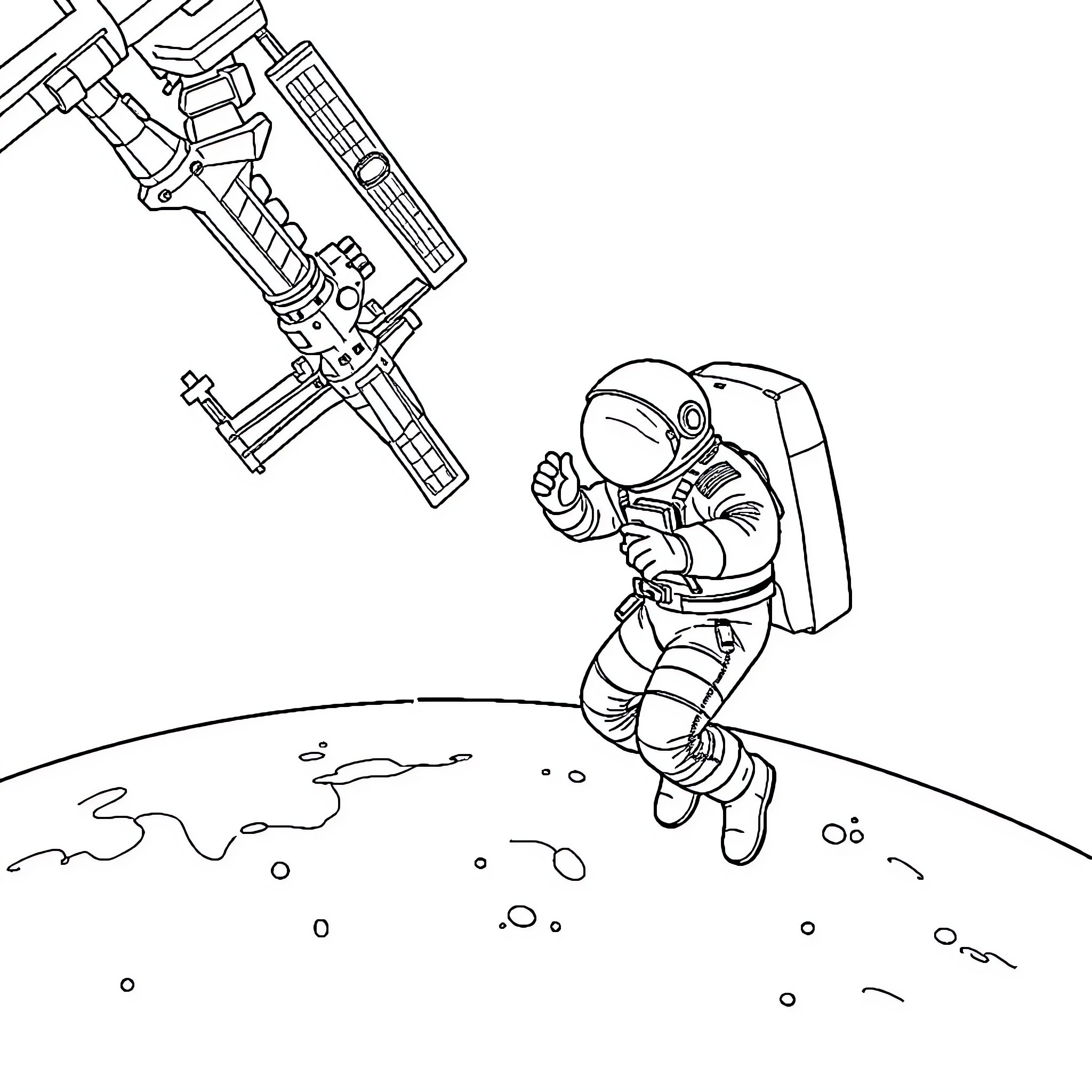 Astronaut performing spacewalk by spacecraft Coloring Page (free black-and-white line drawing printable PDF for all, from beginners to advanced learners, including children, teens, adults, and seniors)