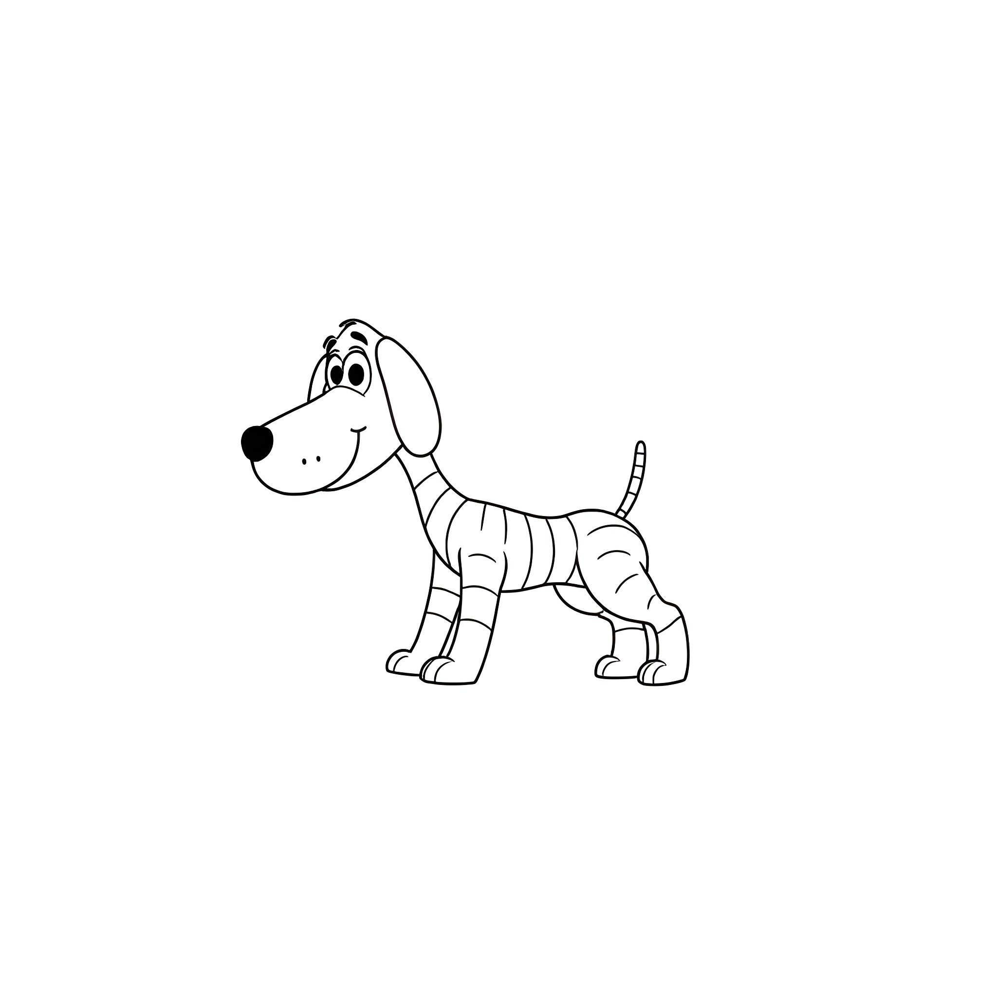 Slinky dog character in cartoon style Coloring Page (free black-and-white line drawing printable PDF for all, from beginners to advanced learners, including children, teens, adults, and seniors)