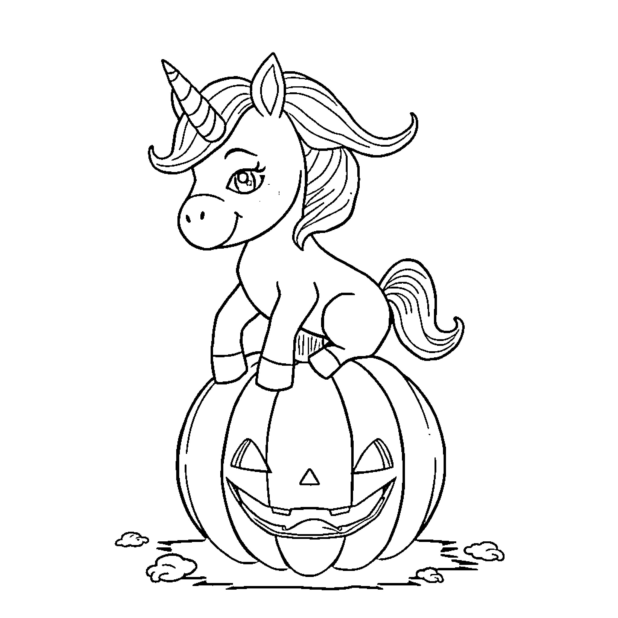 Unicorn sitting on a pumpkin Coloring Page (free black-and-white line drawing printable PDF for all, from beginners to advanced learners, including children, teens, adults, and seniors)