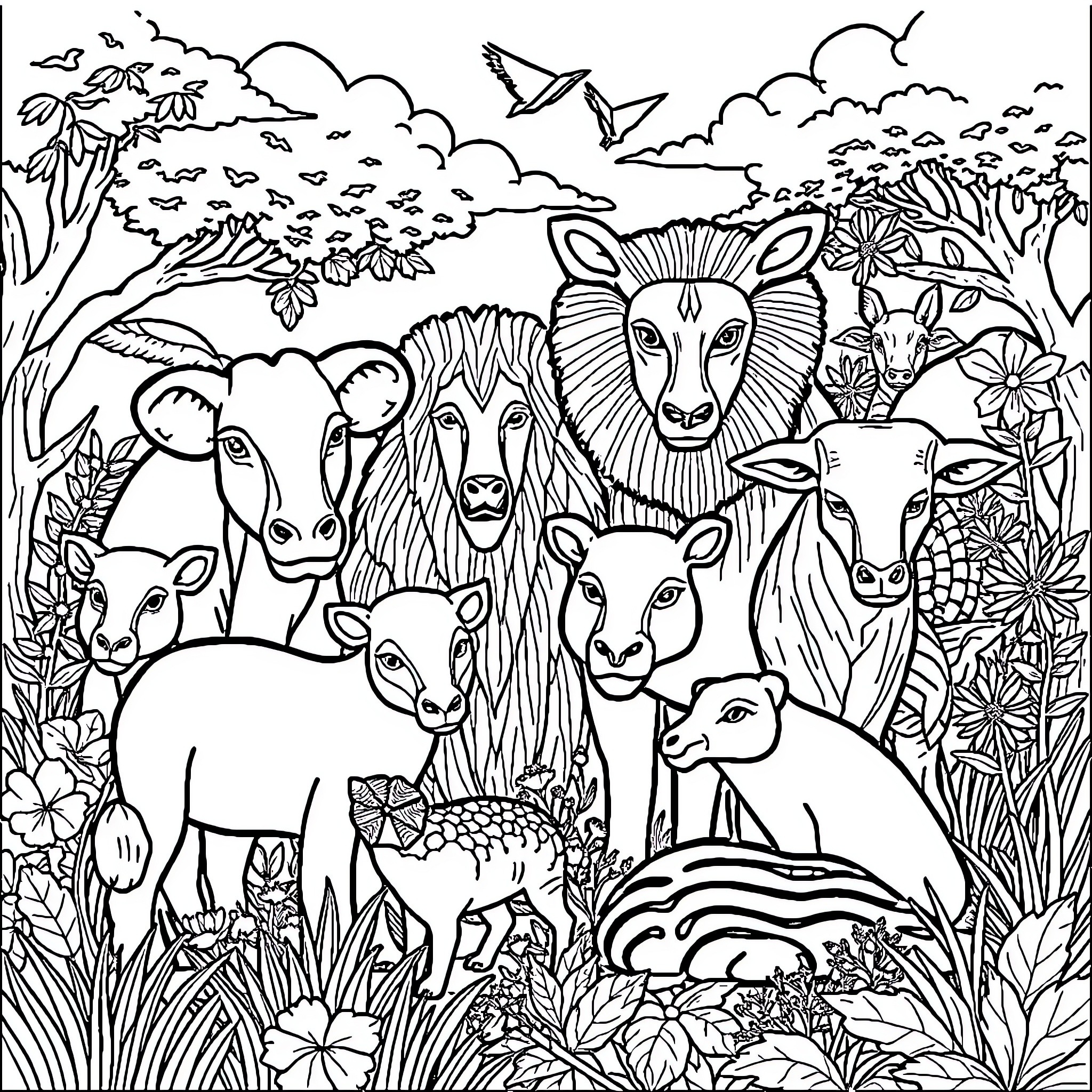 Animal life in the lush forest landscape Coloring Page (free black-and-white line drawing printable PDF for all, from beginners to advanced learners, including children, teens, adults, and seniors)