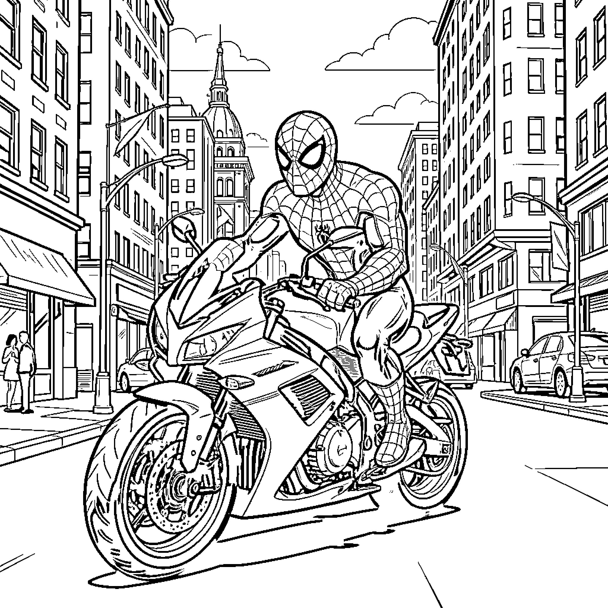 Spiderman riding a motorcycle through the city Coloring Page (free black-and-white line drawing printable PDF for all, from beginners to advanced learners, including children, teens, adults, and seniors)