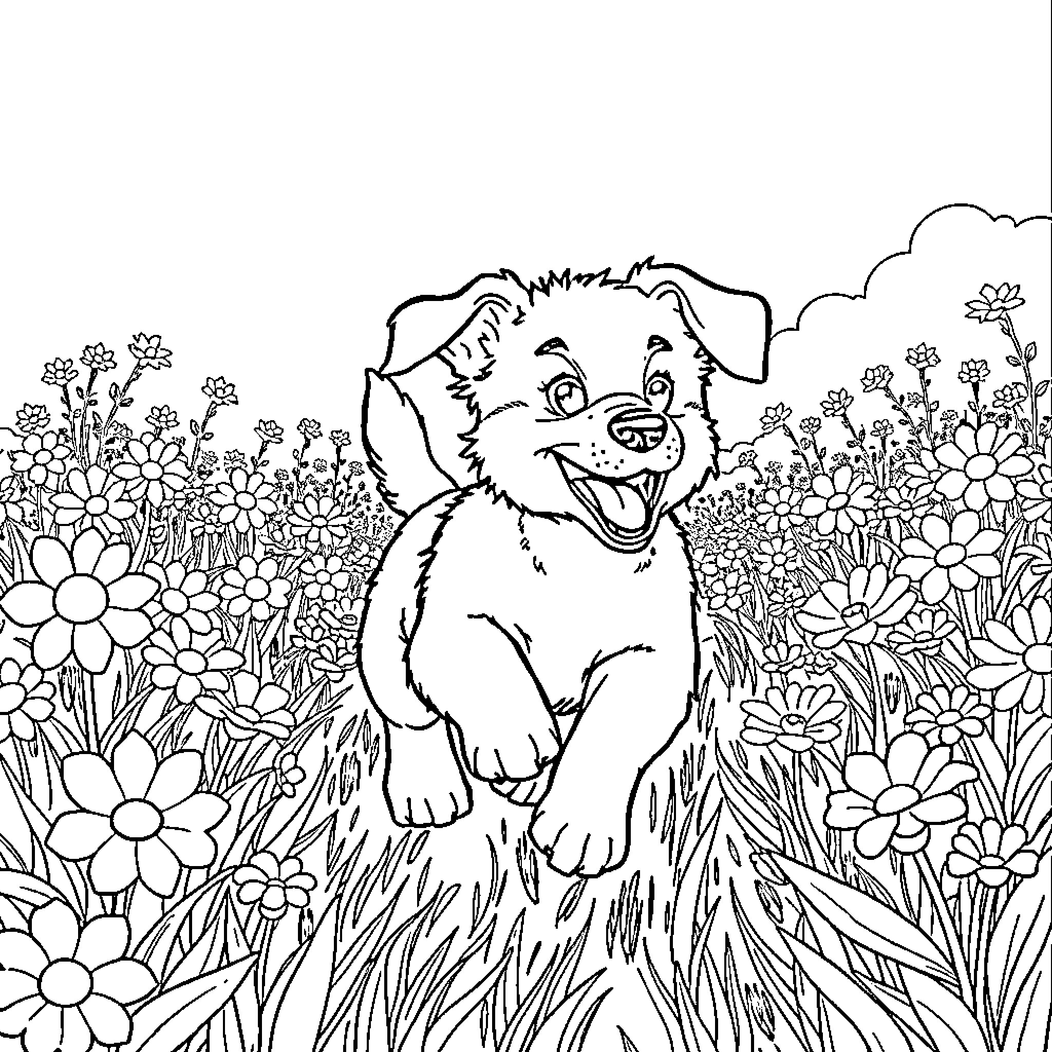 Puppy enjoying a field of flowers Coloring Page (free black-and-white line drawing printable PDF for all, from beginners to advanced learners, including children, teens, adults, and seniors)