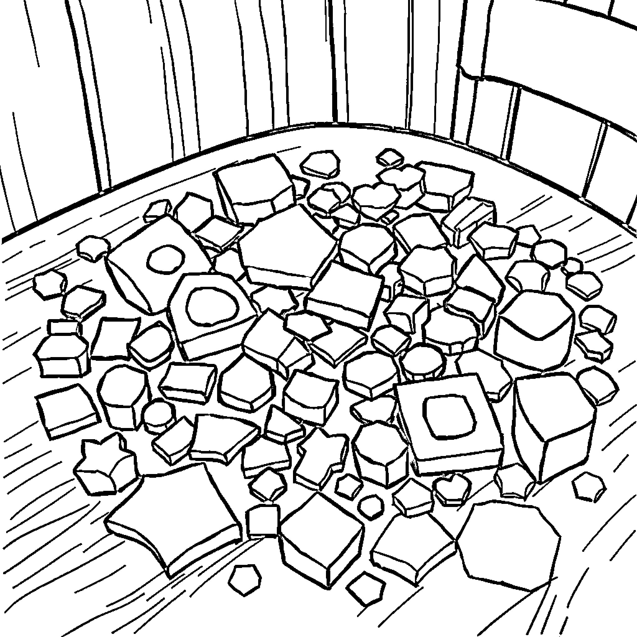 Shape Pile of Geometric Figures in Room Coloring Page (free black-and-white line drawing printable PDF for all, from beginners to advanced learners, including children, teens, adults, and seniors)