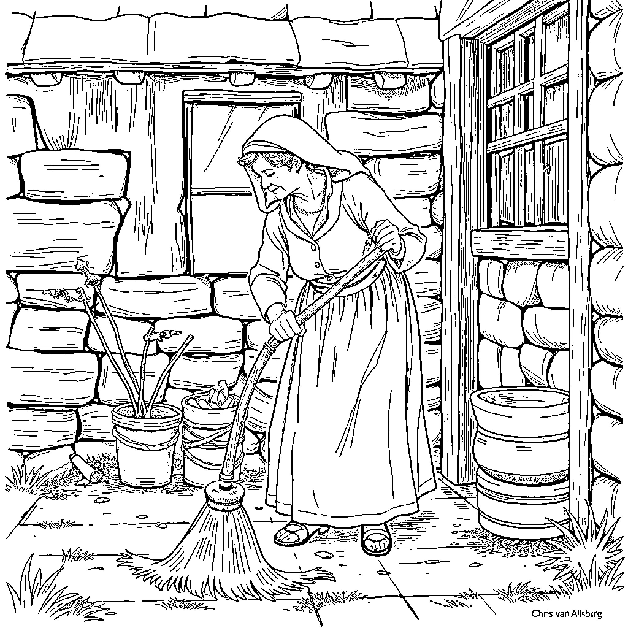 Broom-wielding woman tending to her rural homestead Coloring Page (free black-and-white line drawing printable PDF for all, from beginners to advanced learners, including children, teens, adults, and seniors)