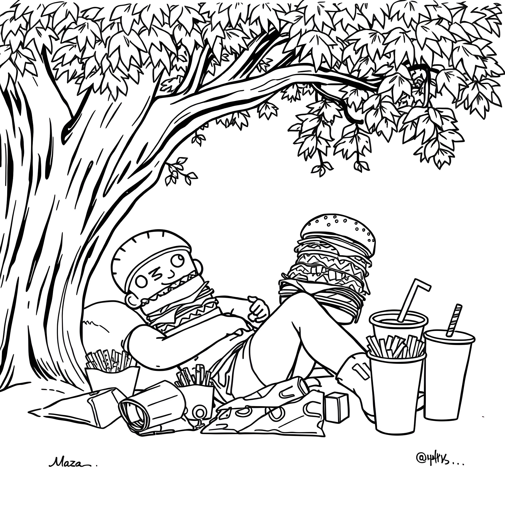 Bear friends enjoying a picnic in the park Coloring Page (free black-and-white line drawing printable PDF for all, from beginners to advanced learners, including children, teens, adults, and seniors)