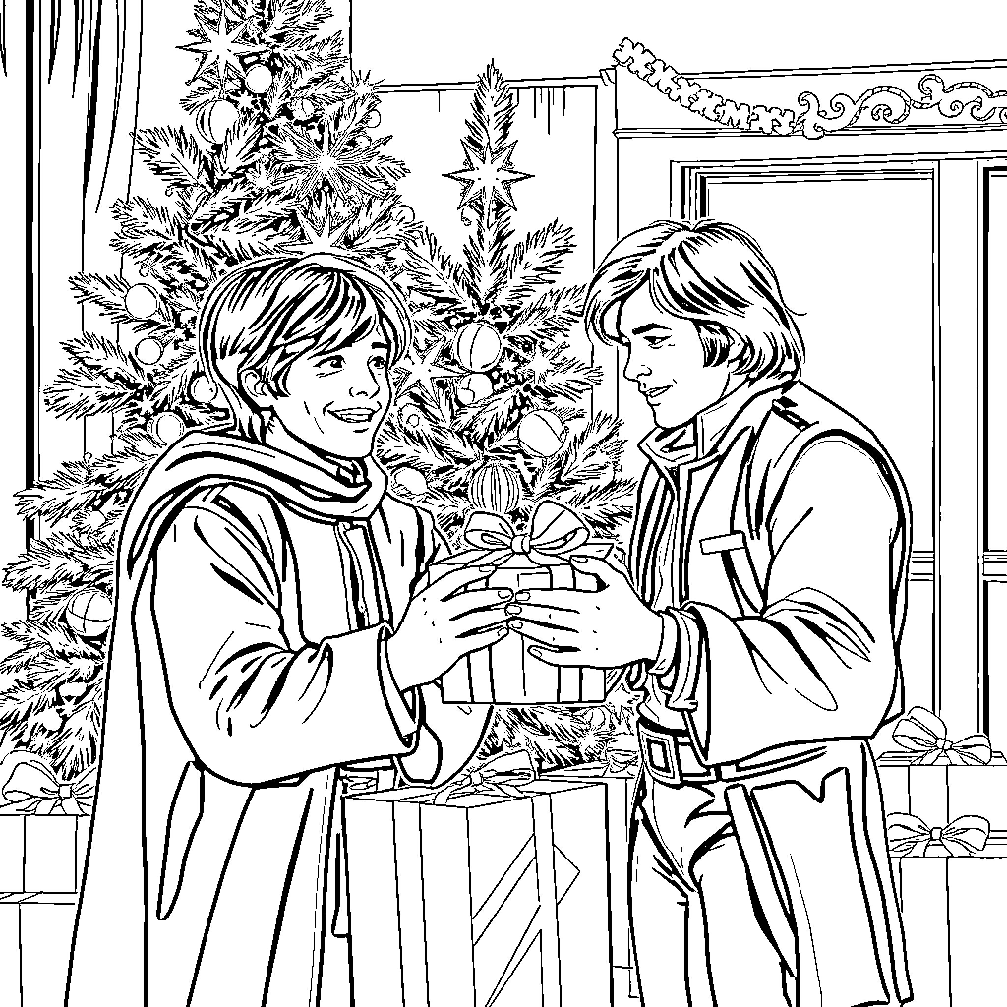 Luke Skywalker and friend exchanging gifts under a Christmas tree Coloring Page (free black-and-white line drawing printable PDF for all, from beginners to advanced learners, including children, teens, adults, and seniors)