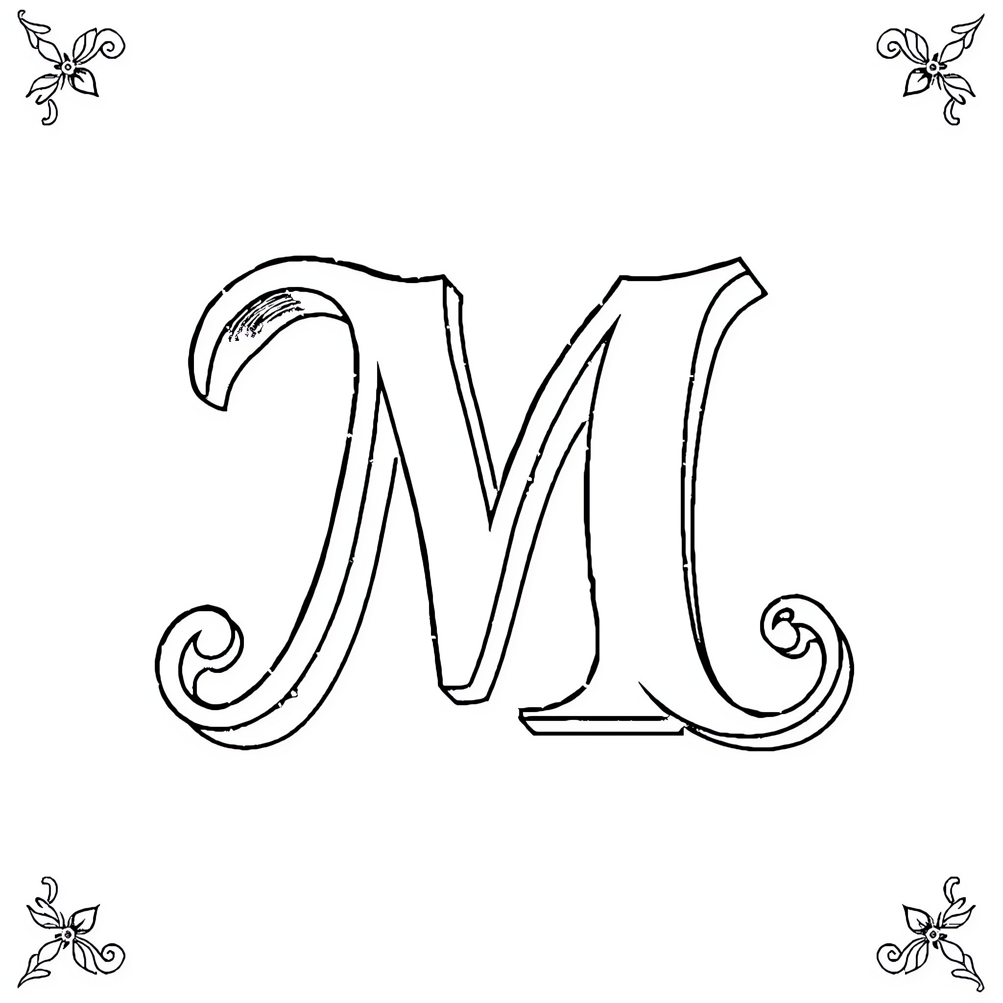 Letter M with Ornamental Floral Design Coloring Page (free black-and-white line drawing printable PDF for all, from beginners to advanced learners, including children, teens, adults, and seniors)