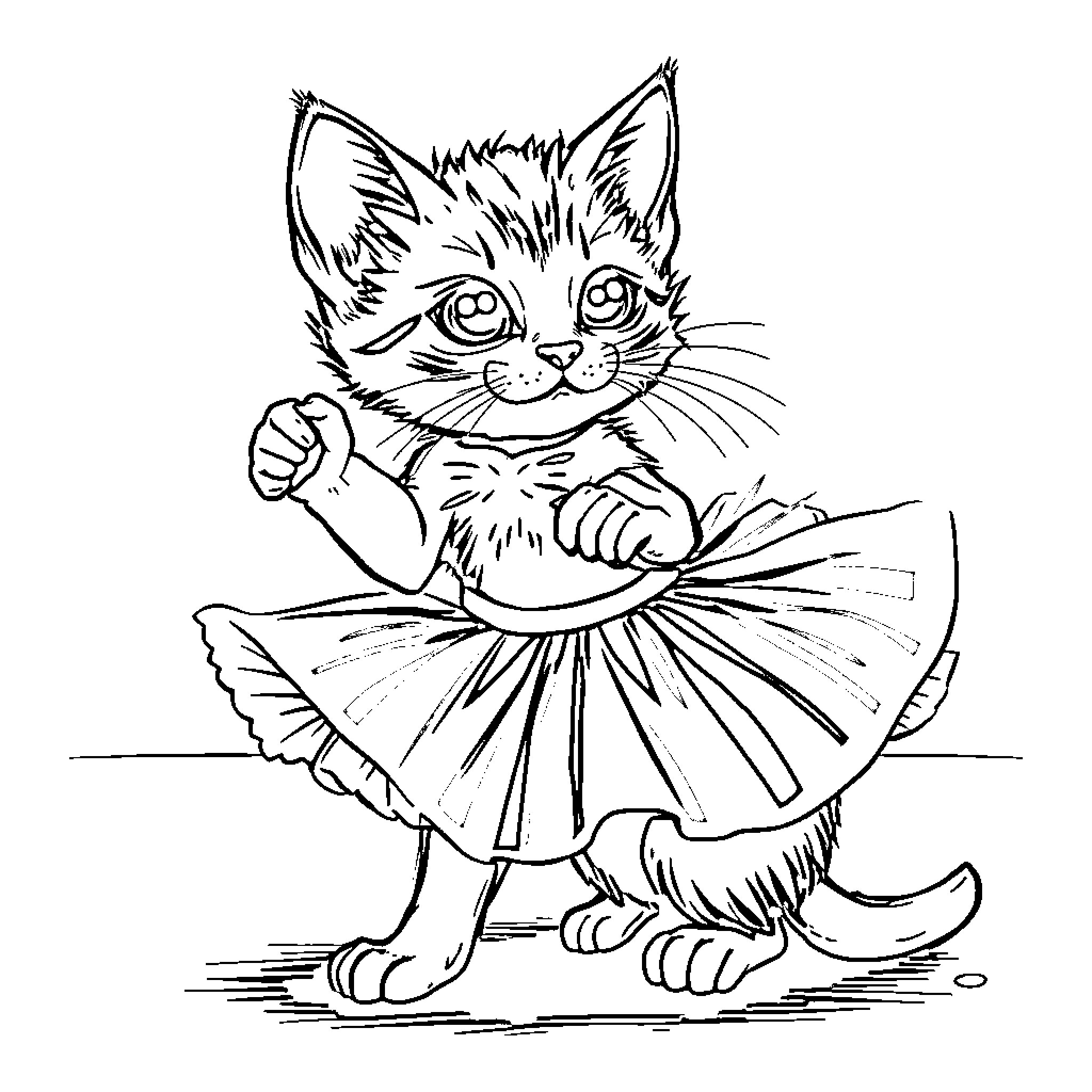 Kitten dressed in a dancing outfit Coloring Page (free black-and-white line drawing printable PDF for all, from beginners to advanced learners, including children, teens, adults, and seniors)