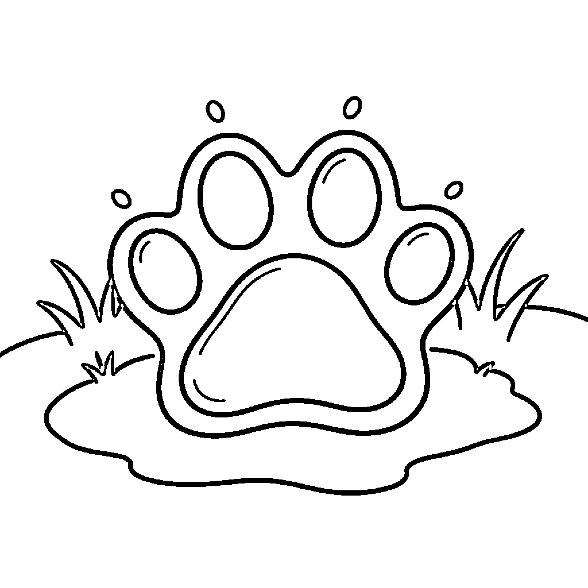 Paw Print resting in a small puddle of mud Coloring Page (free black-and-white line drawing printable PDF for all, from beginners to advanced learners, including children, teens, adults, and seniors)