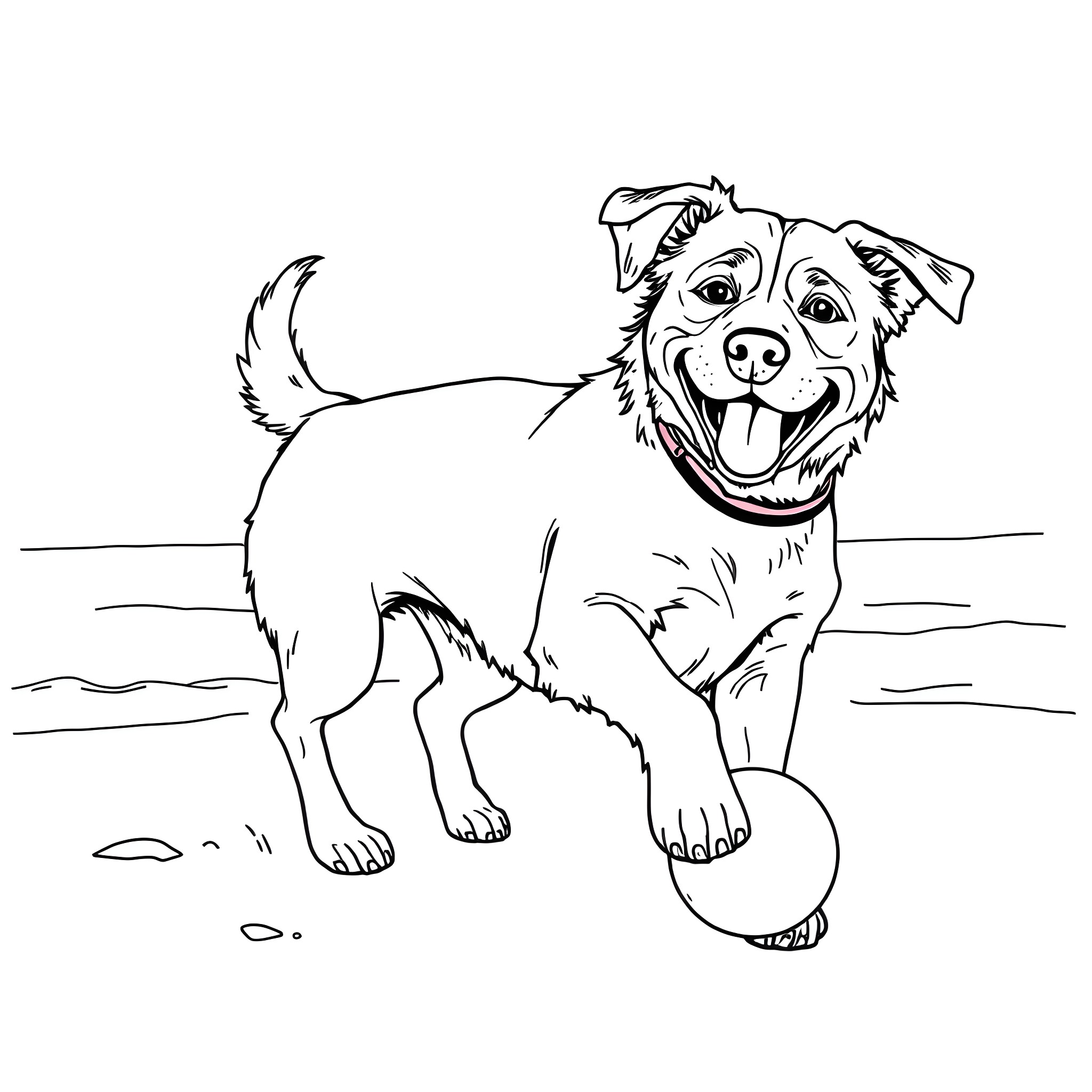 Dog playing with ball on the ground Coloring Page (free black-and-white line drawing printable PDF for all, from beginners to advanced learners, including children, teens, adults, and seniors)
