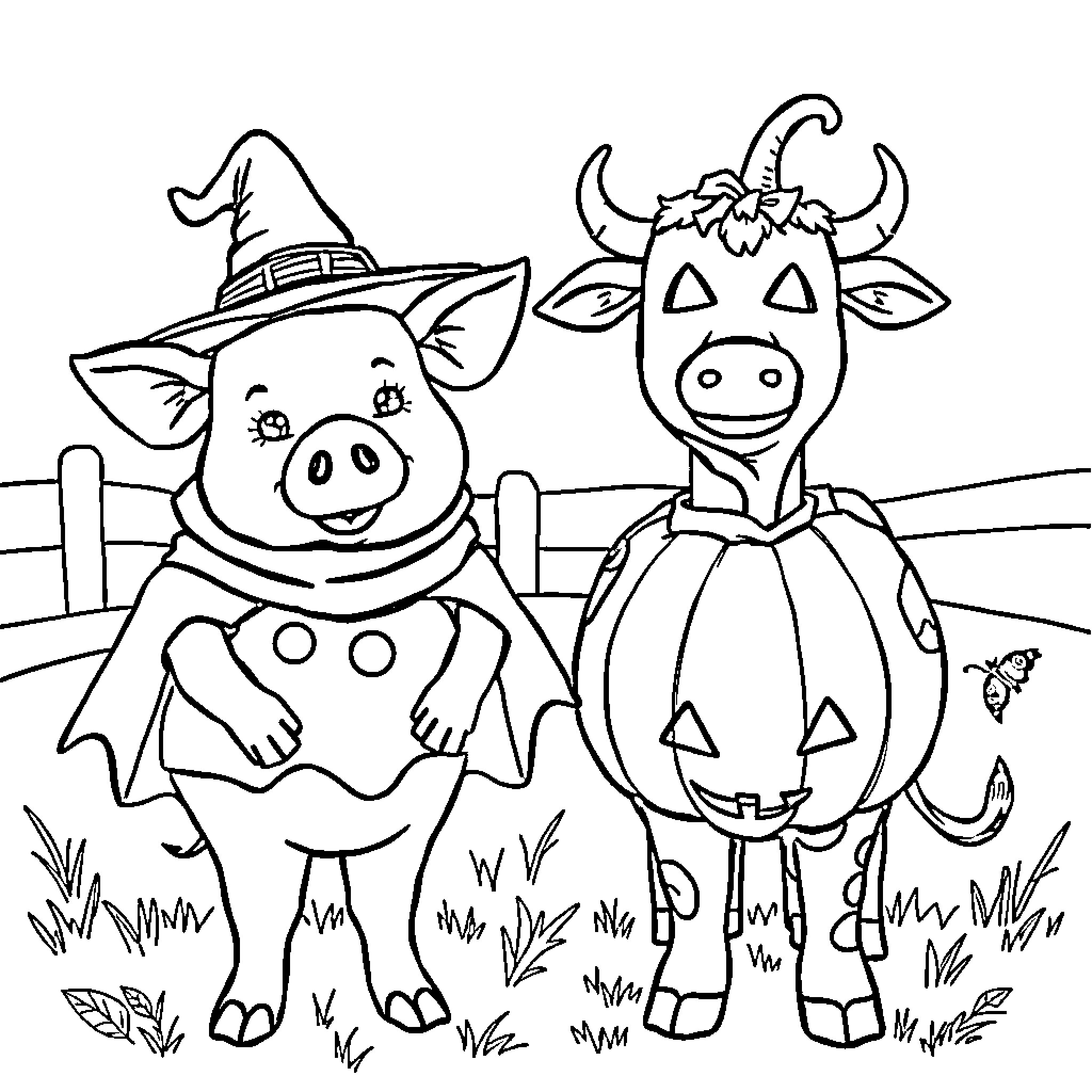 Farm Animal Pals Dressed for Halloween Coloring Page (free black-and-white line drawing printable PDF for all, from beginners to advanced learners, including children, teens, adults, and seniors)