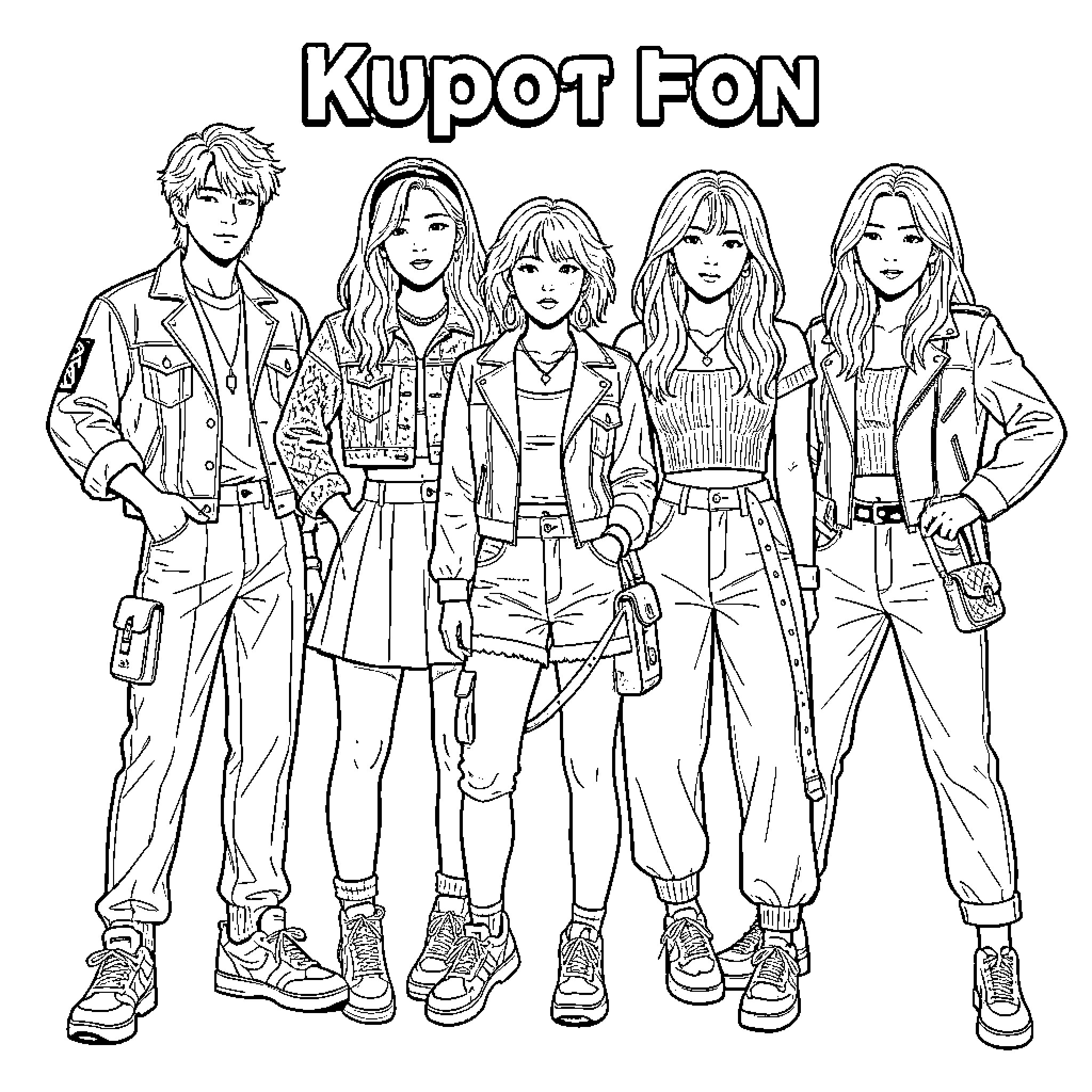 Kpop group members posing together in stylish outfits Coloring Page (free black-and-white line drawing printable PDF for all, from beginners to advanced learners, including children, teens, adults, and seniors)