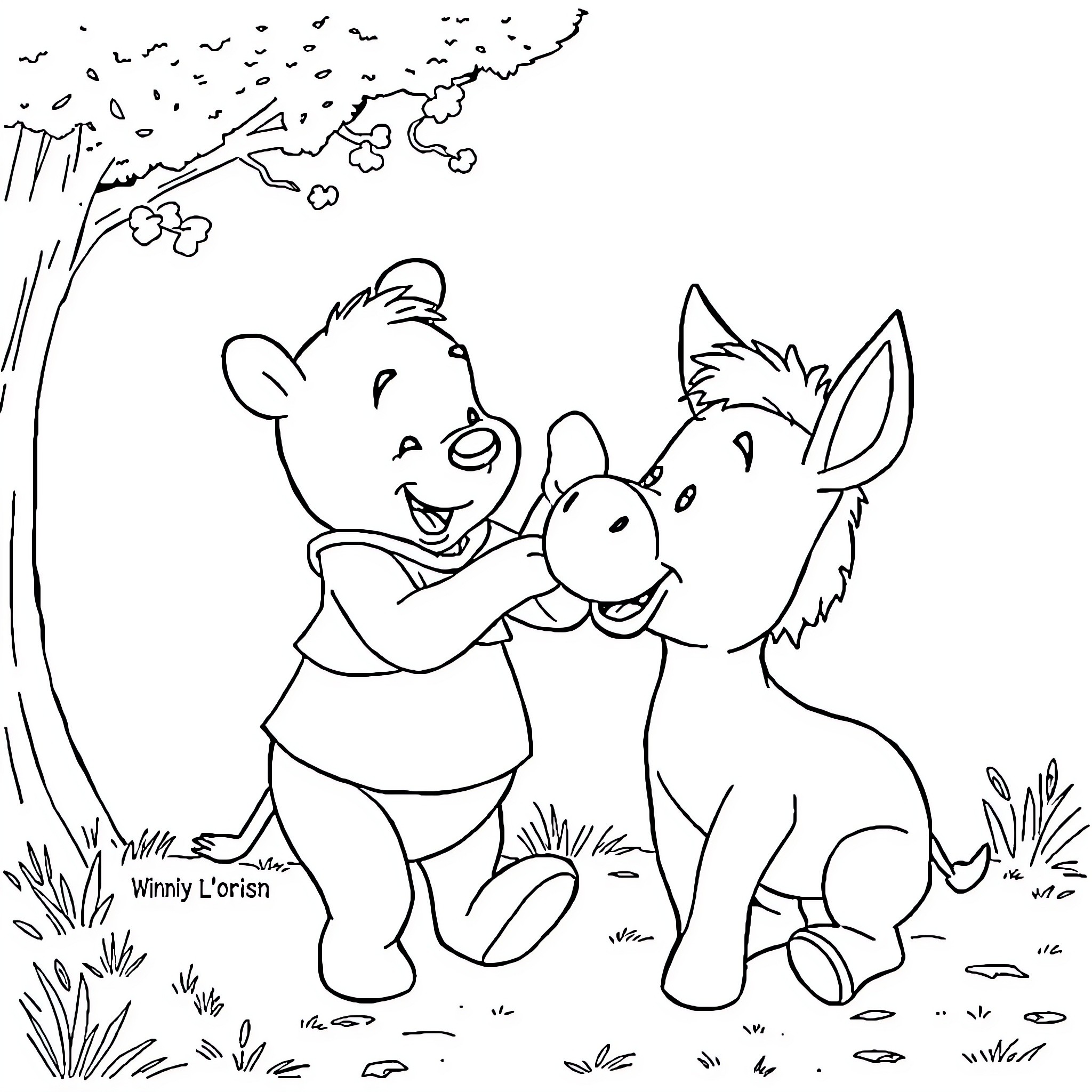 Winnie and Friends Enjoying Outdoors Coloring Page (free black-and-white line drawing printable PDF for all, from beginners to advanced learners, including children, teens, adults, and seniors)