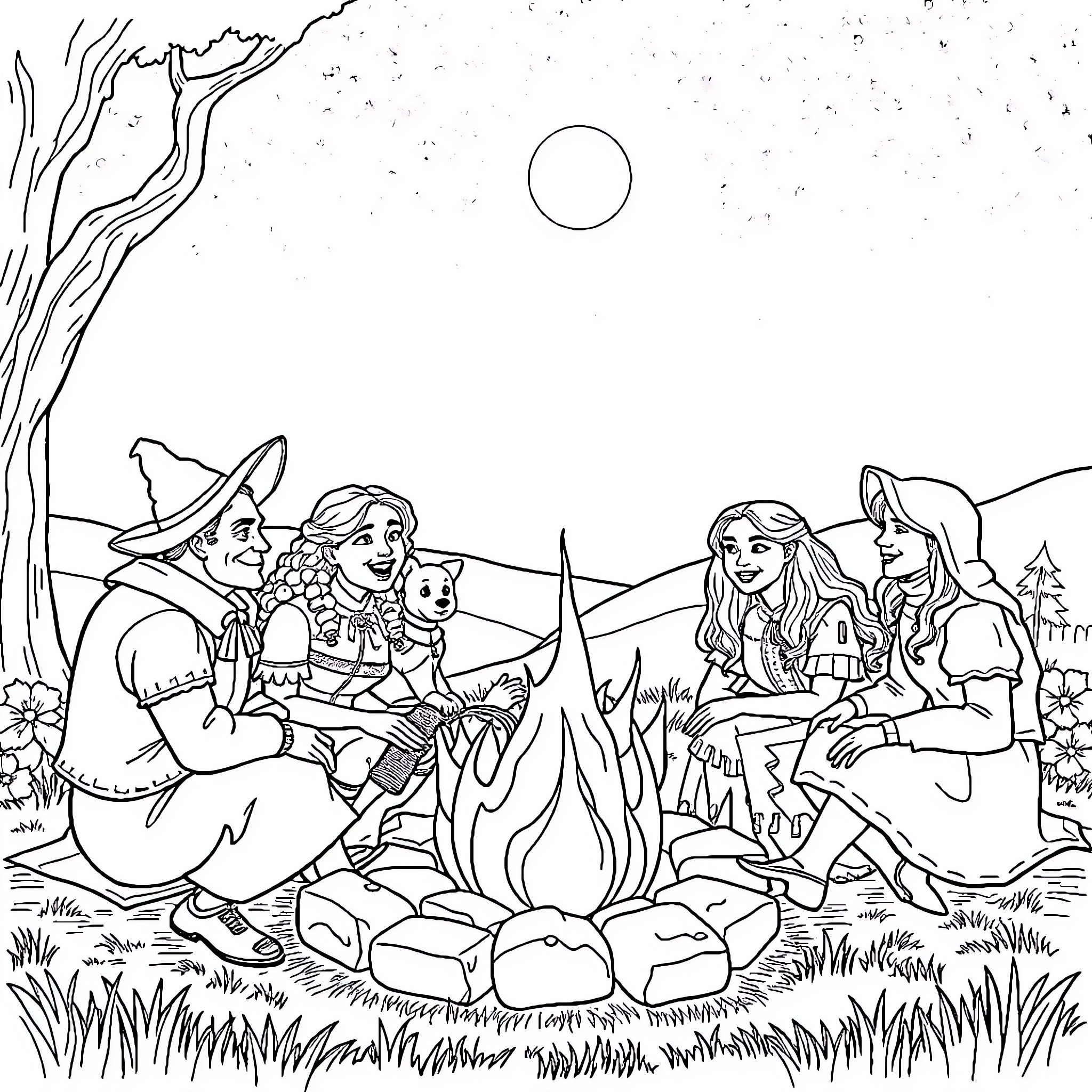 Wizard of Oz characters gathered around a campfire Coloring Page (free black-and-white line drawing printable PDF for all, from beginners to advanced learners, including children, teens, adults, and seniors)