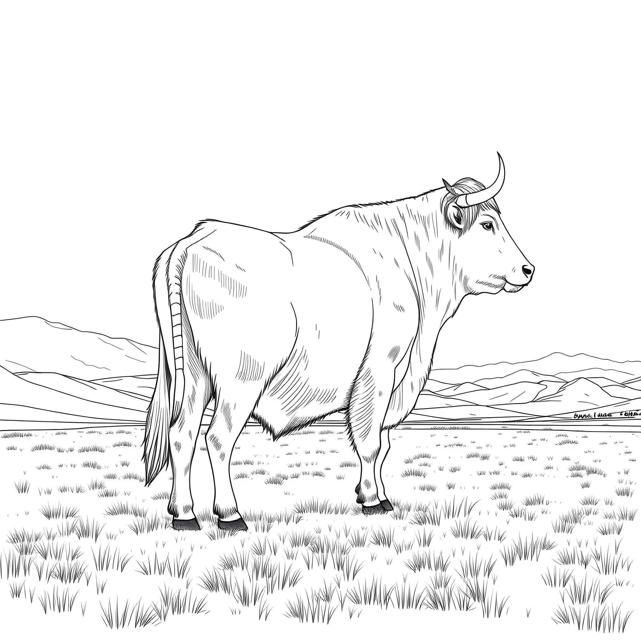 Yak standing in grassy field Coloring Page (free black-and-white line drawing printable PDF for all, from beginners to advanced learners, including children, teens, adults, and seniors)