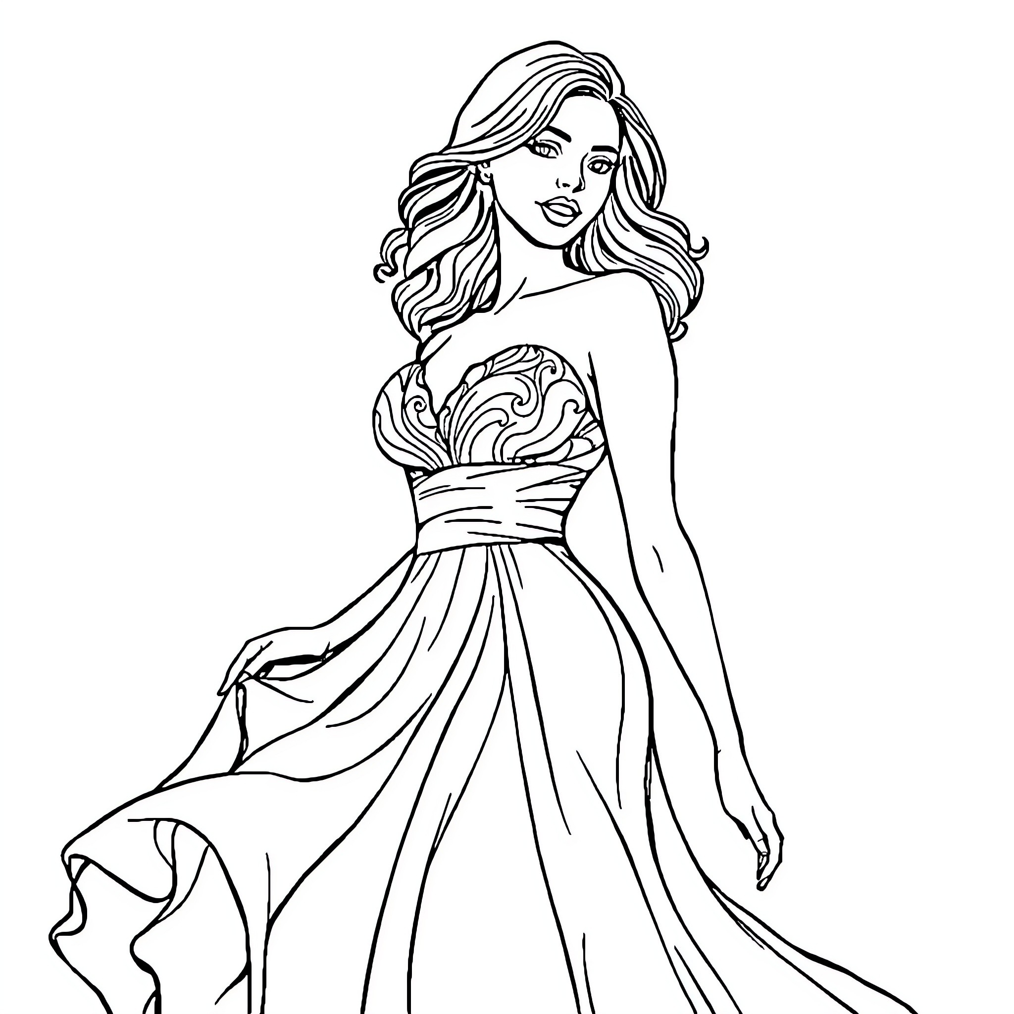 Woman in elegant flowing dress Coloring Page (free black-and-white line drawing printable PDF for all, from beginners to advanced learners, including children, teens, adults, and seniors)