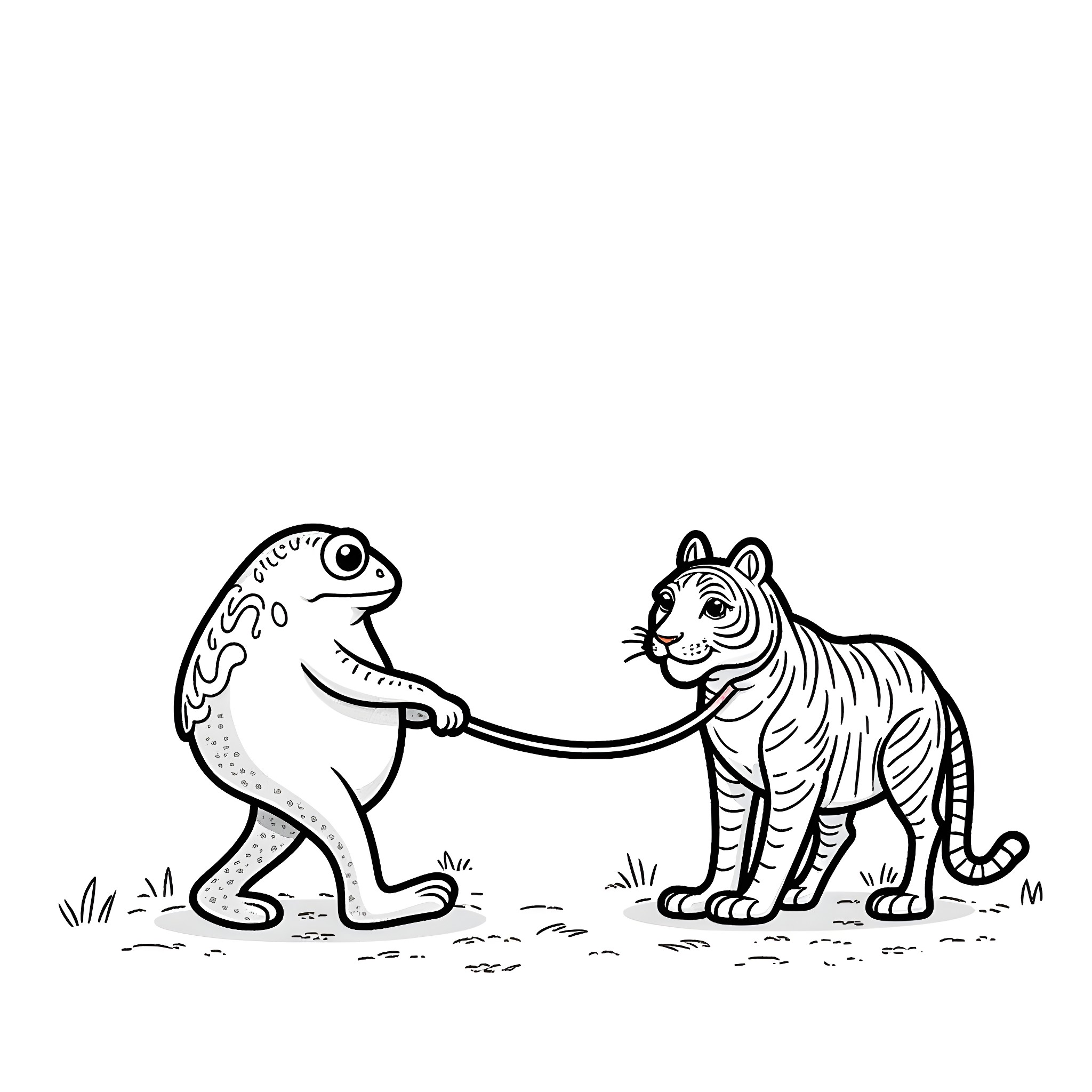 Frog and Tiger Interacting Playfully Coloring Page (free black-and-white line drawing printable PDF for all, from beginners to advanced learners, including children, teens, adults, and seniors)