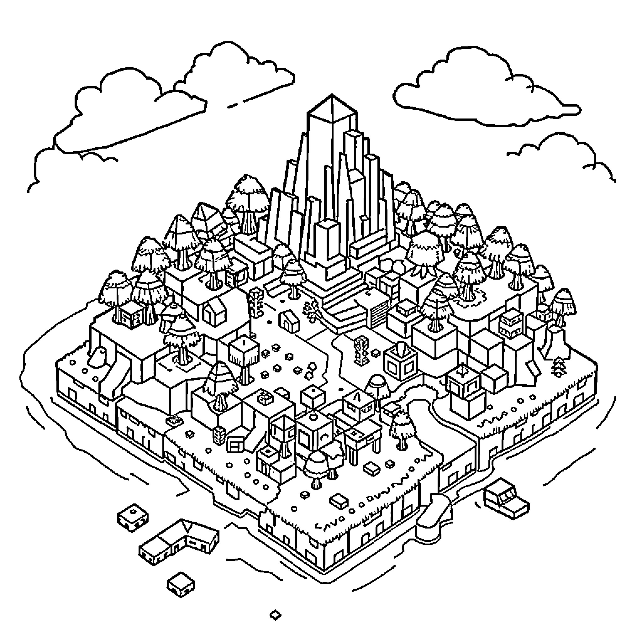 Minecraft Cityscape with Towering Buildings and Clouds Coloring Page (free black-and-white line drawing printable PDF for all, from beginners to advanced learners, including children, teens, adults, and seniors)