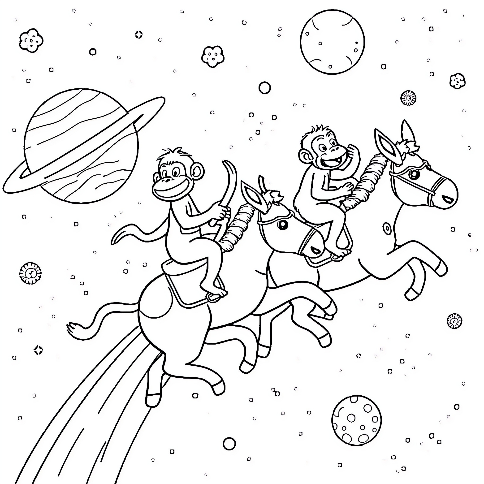 Monkeys riding horses through the galaxy Coloring Page (free black-and-white line drawing printable PDF for all, from beginners to advanced learners, including children, teens, adults, and seniors)