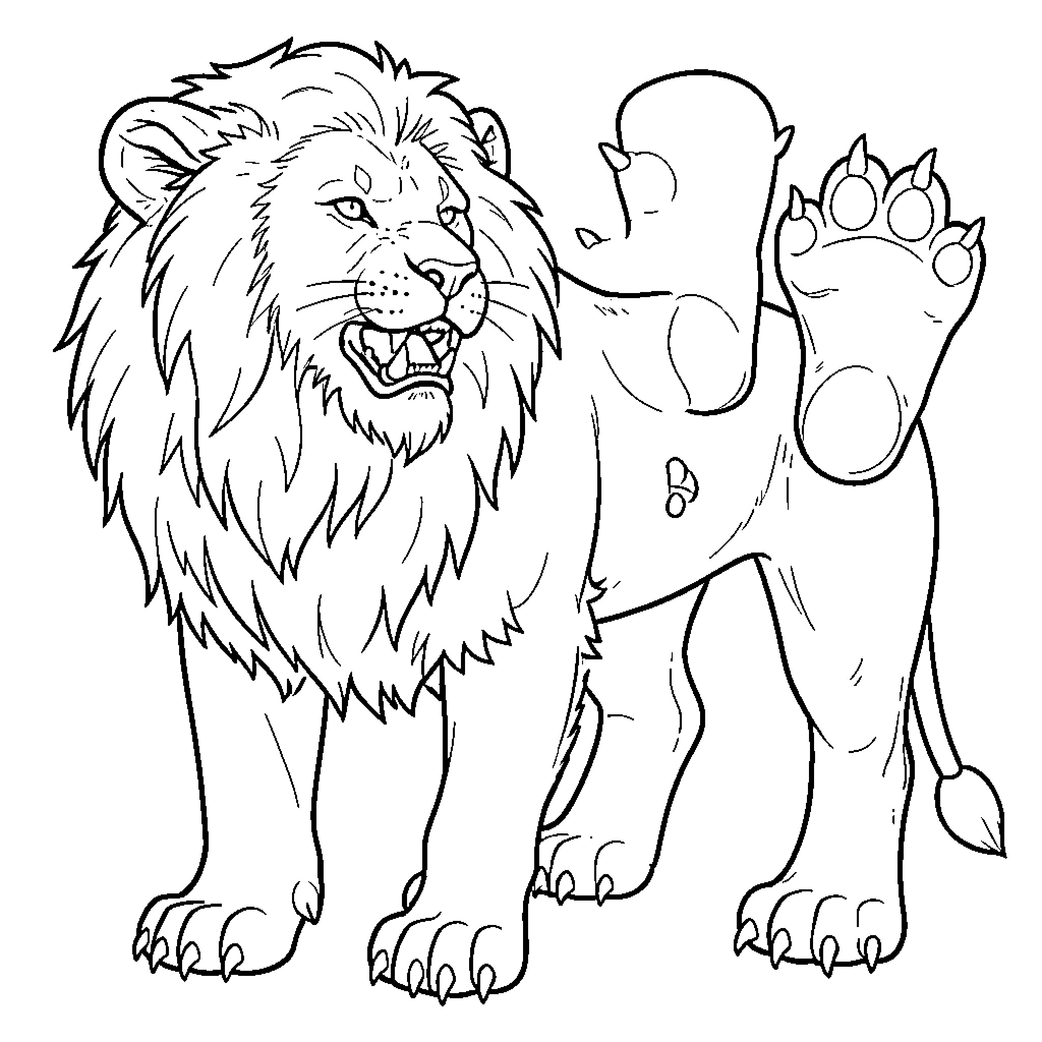 Lion standing with a fierce and powerful expression Coloring Page (free black-and-white line drawing printable PDF for all, from beginners to advanced learners, including children, teens, adults, and seniors)