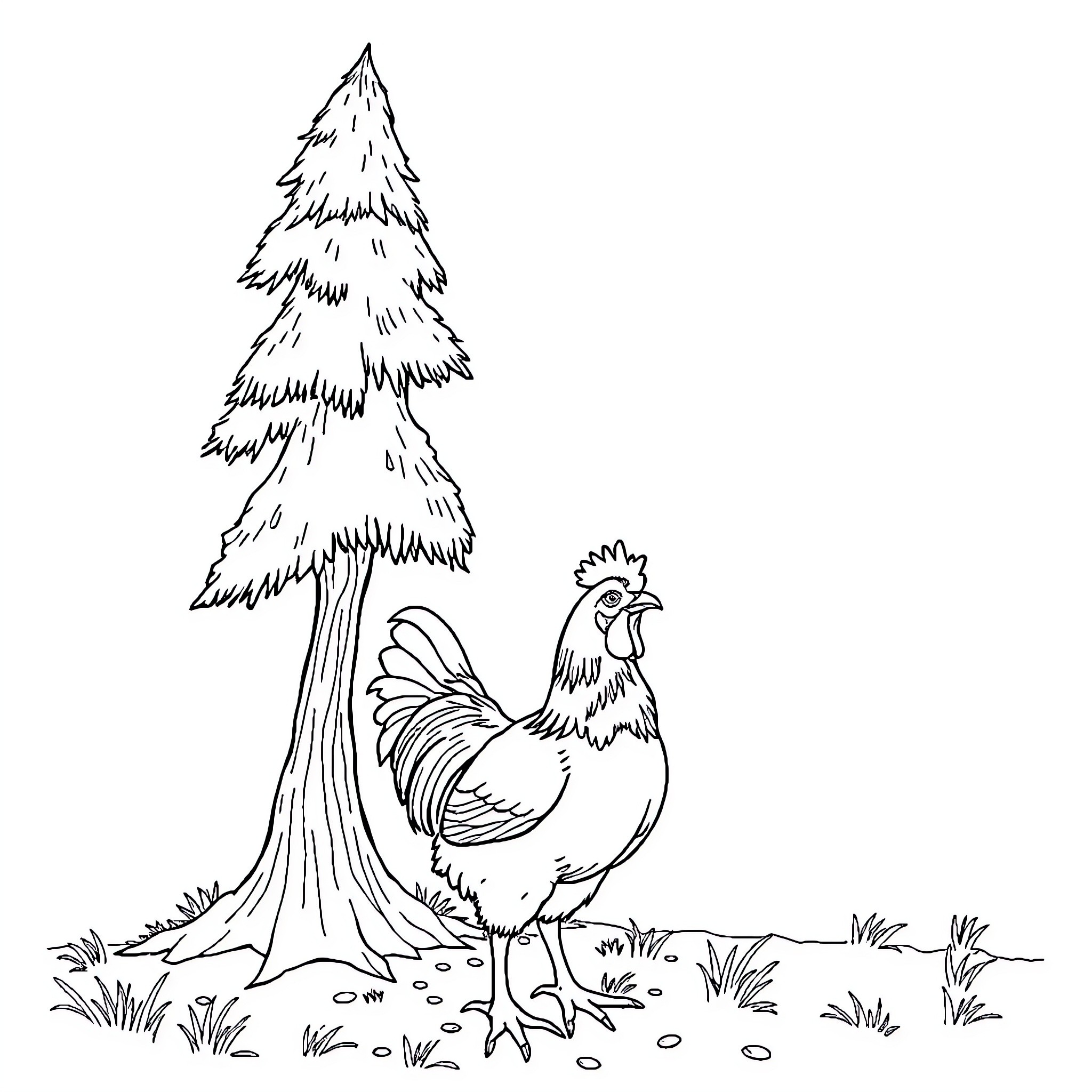 Chicken standing proudly in a forest landscape Coloring Page (free black-and-white line drawing printable PDF for all, from beginners to advanced learners, including children, teens, adults, and seniors)