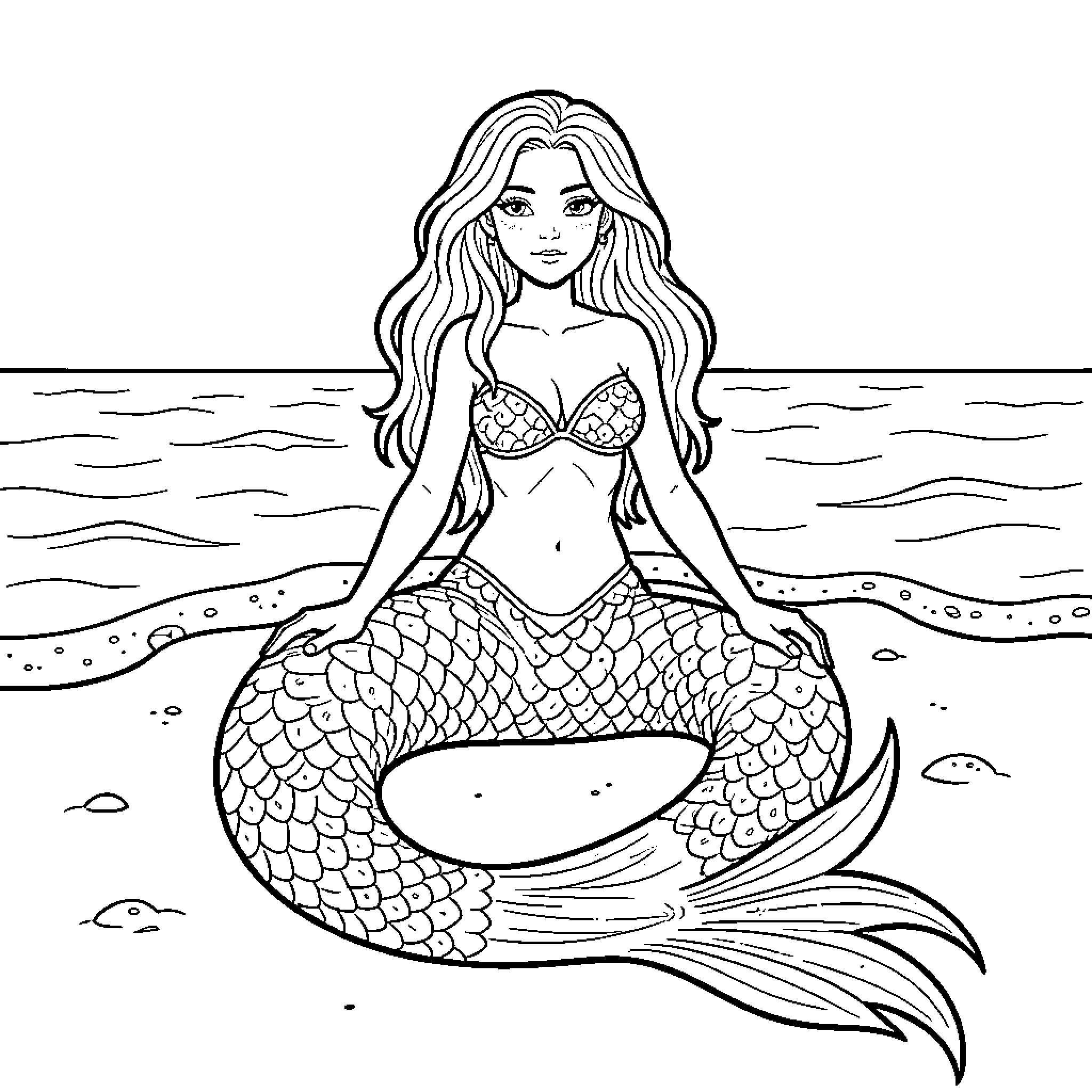 Siren sitting peacefully on the seashore Coloring Page (free black-and-white line drawing printable PDF for all, from beginners to advanced learners, including children, teens, adults, and seniors)