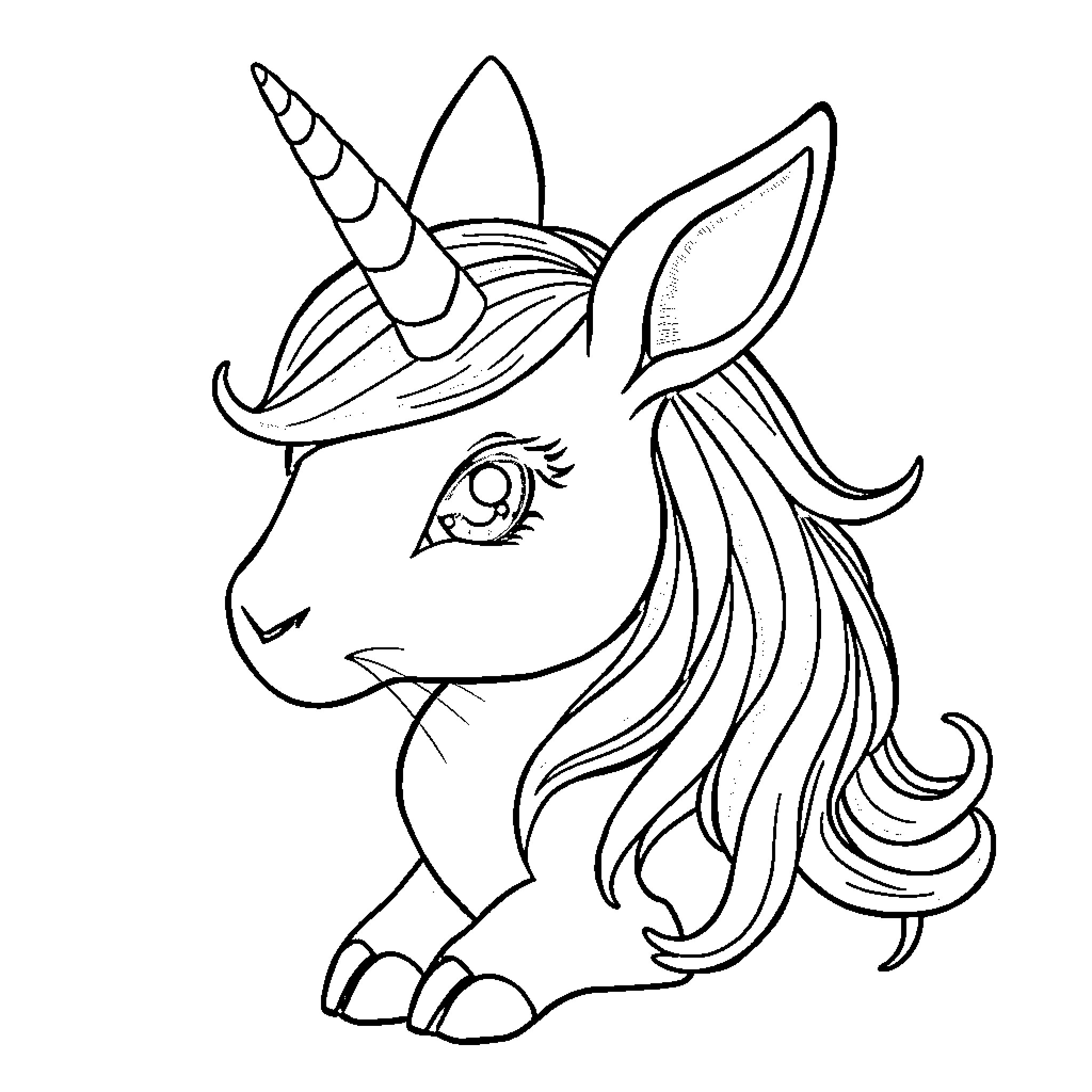 Unicorn with Flowing Mane and Horn Coloring Page (free black-and-white line drawing printable PDF for all, from beginners to advanced learners, including children, teens, adults, and seniors)