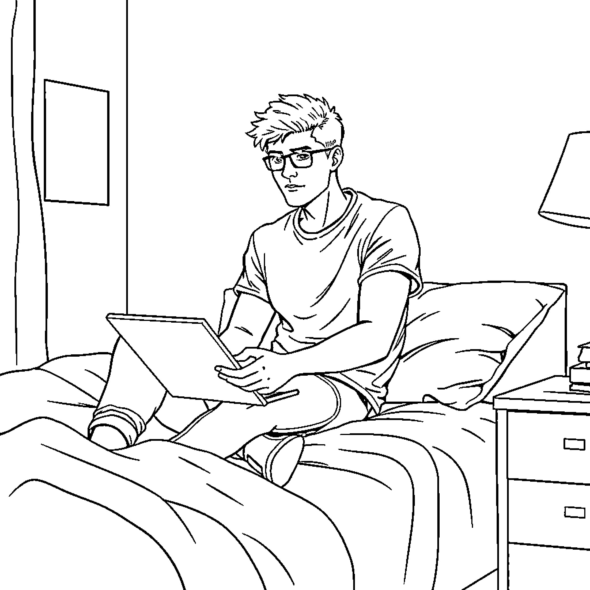Guy studying diligently on his laptop in bedroom Coloring Page (free black-and-white line drawing printable PDF for all, from beginners to advanced learners, including children, teens, adults, and seniors)