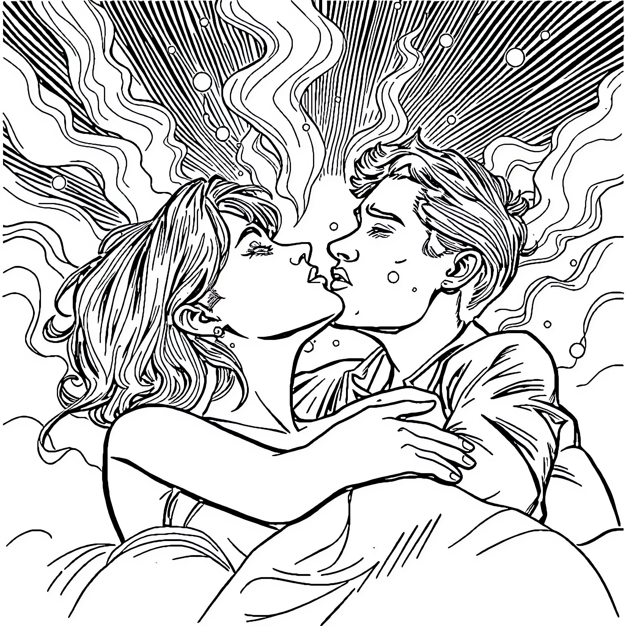 Drama of Intimate Embrace Coloring Page (free black-and-white line drawing printable PDF for all, from beginners to advanced learners, including children, teens, adults, and seniors)