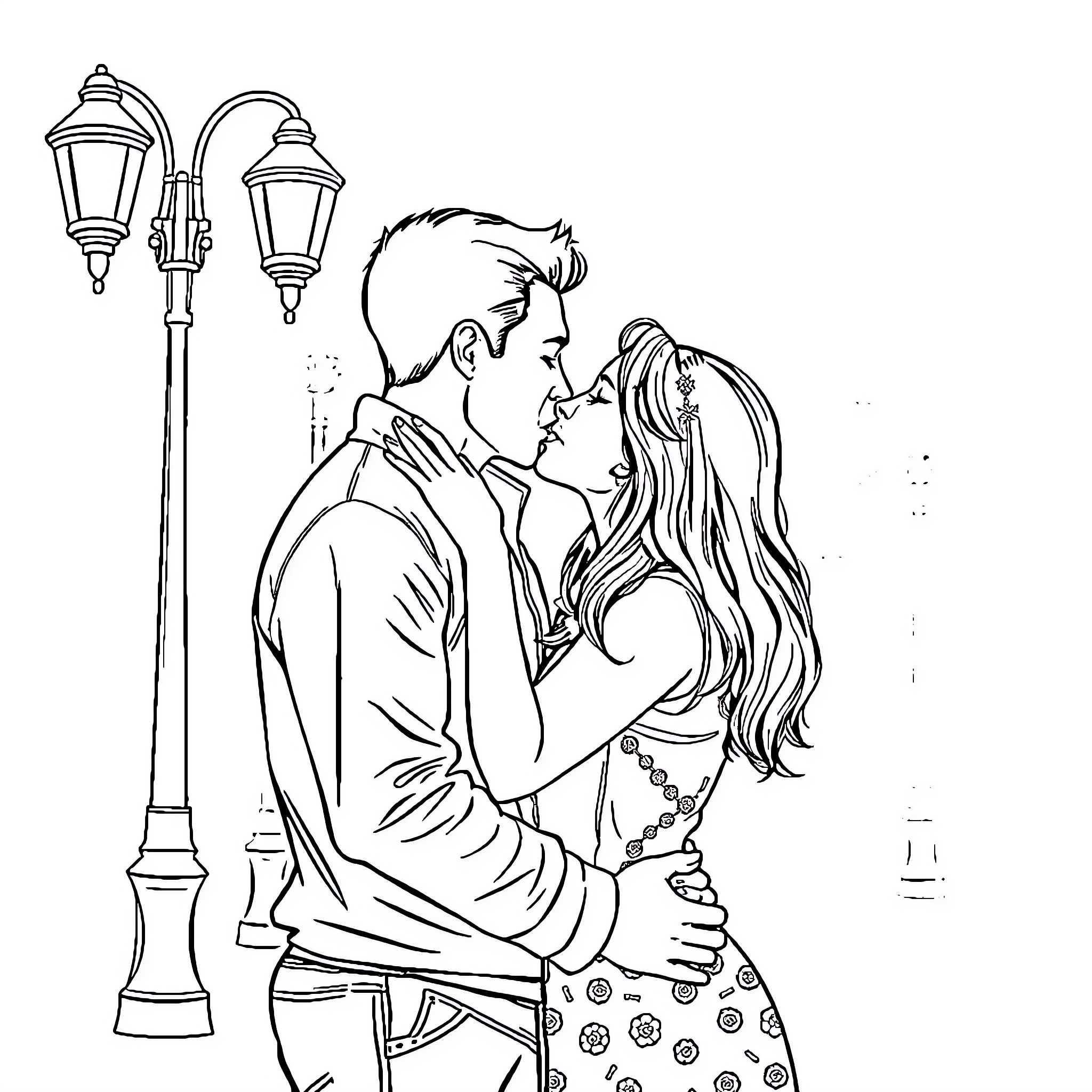 Couple embracing romantically under street lights Coloring Page (free black-and-white line drawing printable PDF for all, from beginners to advanced learners, including children, teens, adults, and seniors)