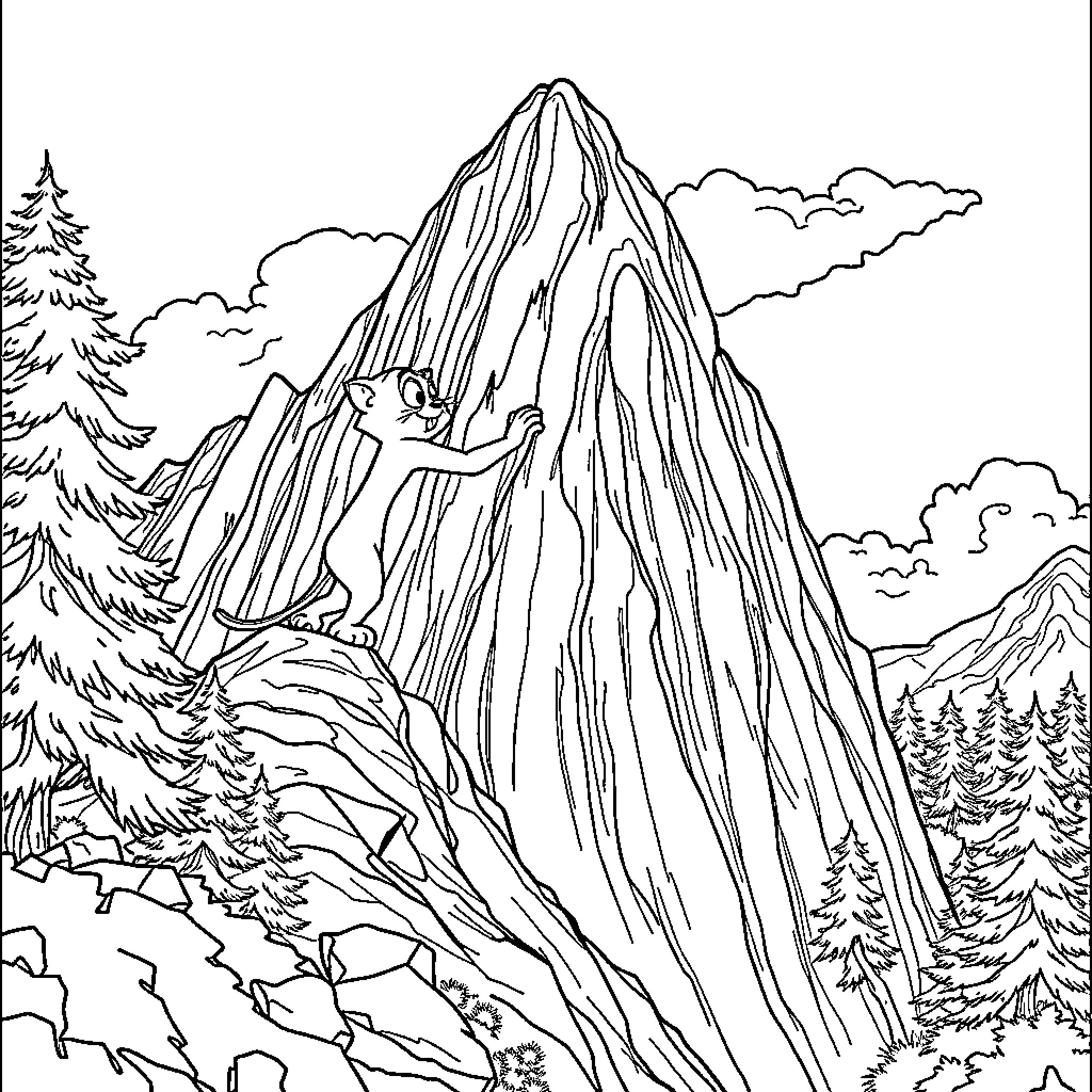 Talking Tom Scaling Majestic Mountain in Nature Coloring Page (free black-and-white line drawing printable PDF for all, from beginners to advanced learners, including children, teens, adults, and seniors)