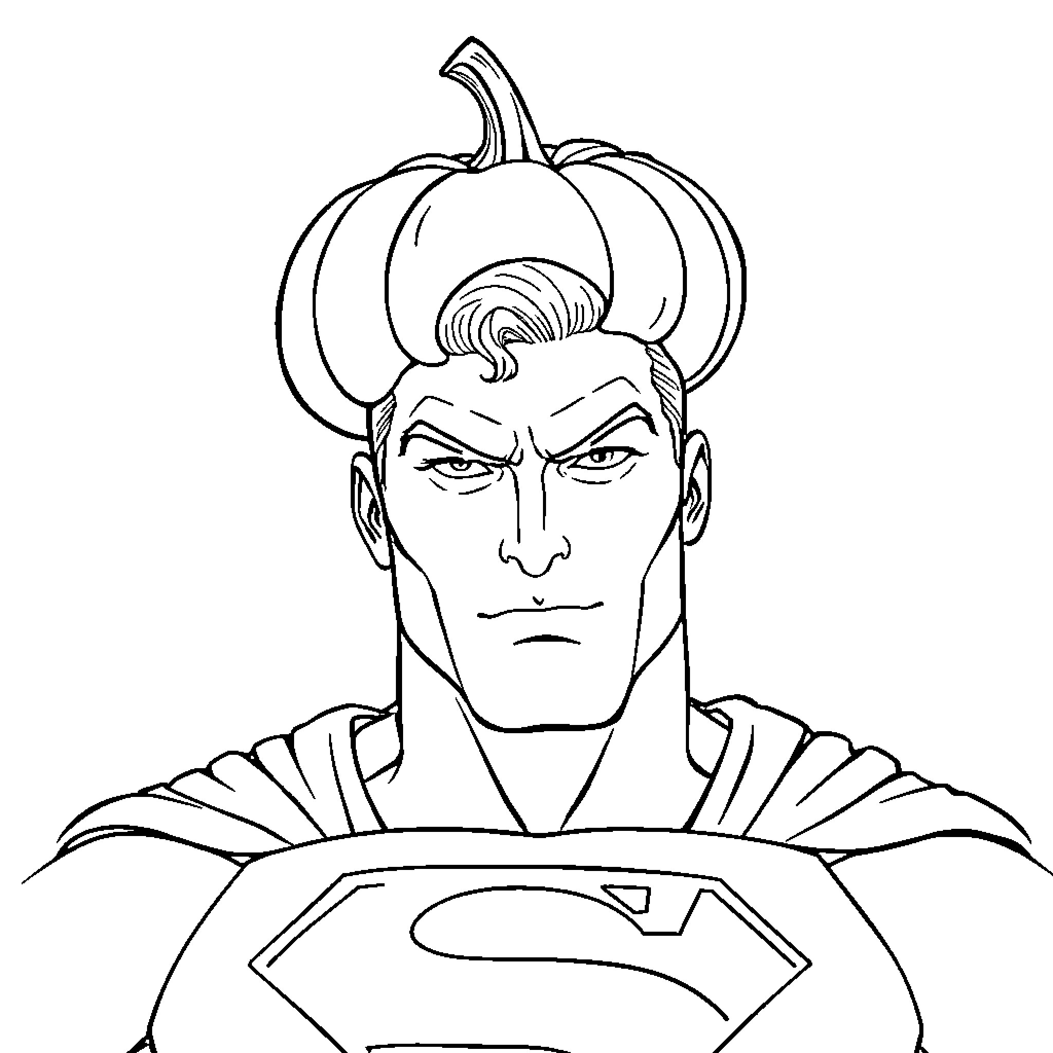 Pumpkin-Headed Superhero Strikes a Pose Coloring Page (free black-and-white line drawing printable PDF for all, from beginners to advanced learners, including children, teens, adults, and seniors)