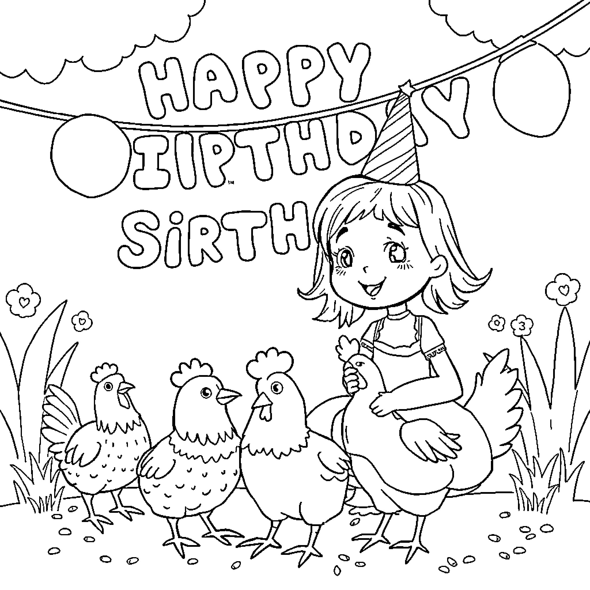Chicken birthday party with happy girl and chicks Coloring Page (free black-and-white line drawing printable PDF for all, from beginners to advanced learners, including children, teens, adults, and seniors)