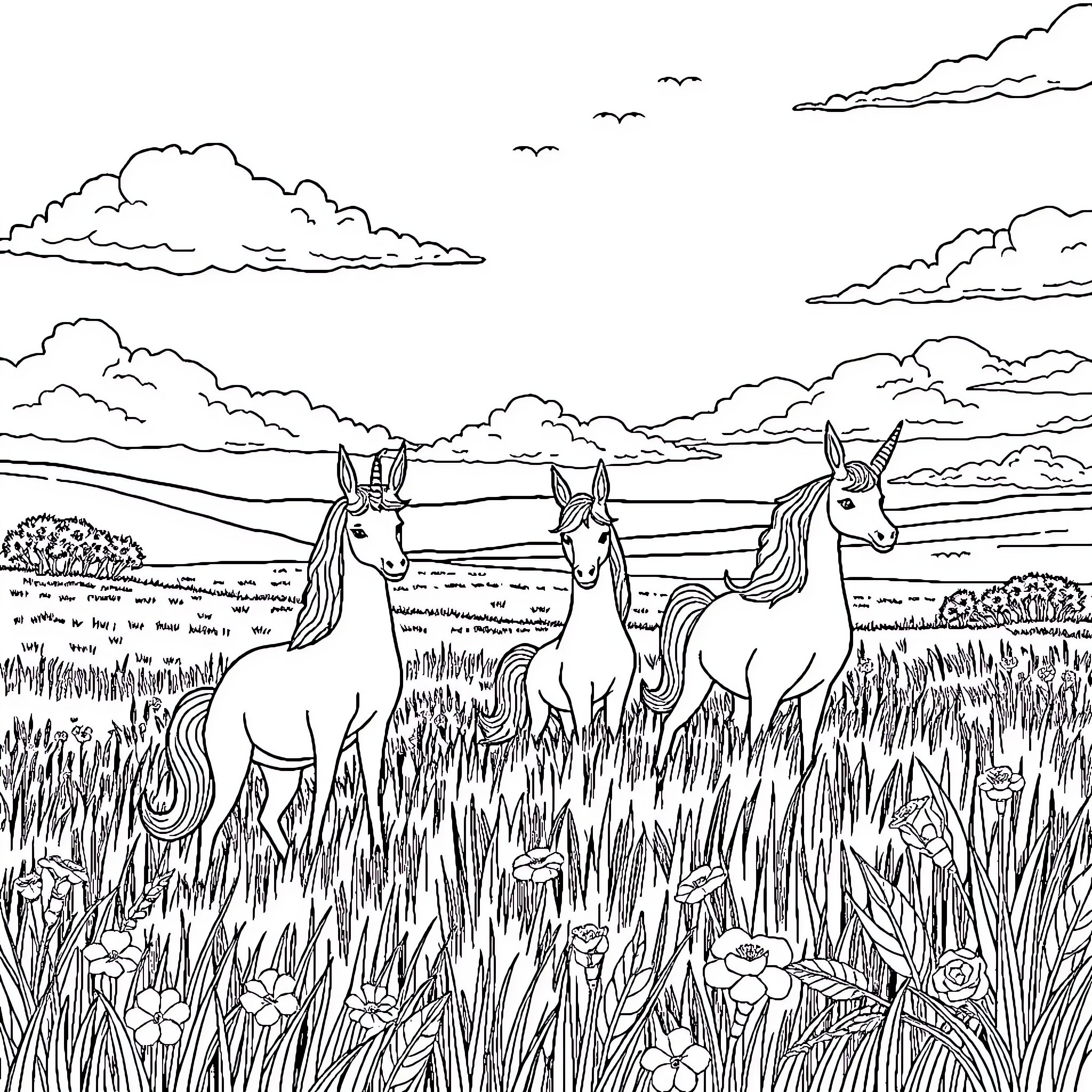 Unicorn Family Grazing in Scenic Meadow Coloring Page (free black-and-white line drawing printable PDF for all, from beginners to advanced learners, including children, teens, adults, and seniors)
