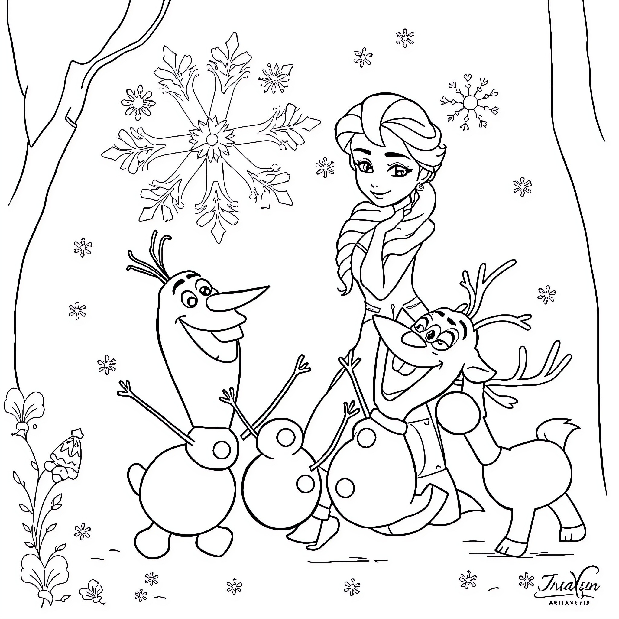 Elsa and Olaf enjoy a winter wonderland Coloring Page (free black-and-white line drawing printable PDF for all, from beginners to advanced learners, including children, teens, adults, and seniors)