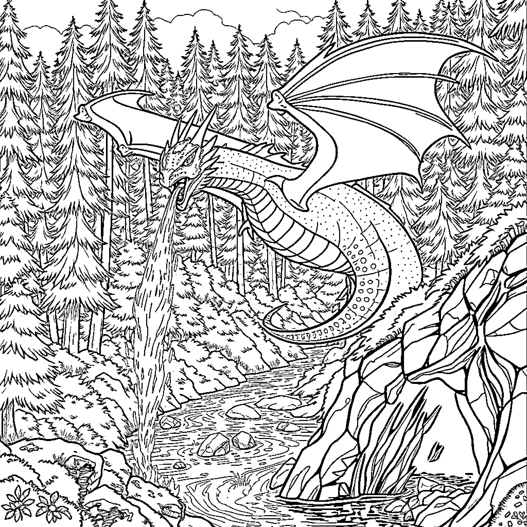 Water Dragon exploring the enchanted forest Coloring Page (free black-and-white line drawing printable PDF for all, from beginners to advanced learners, including children, teens, adults, and seniors)