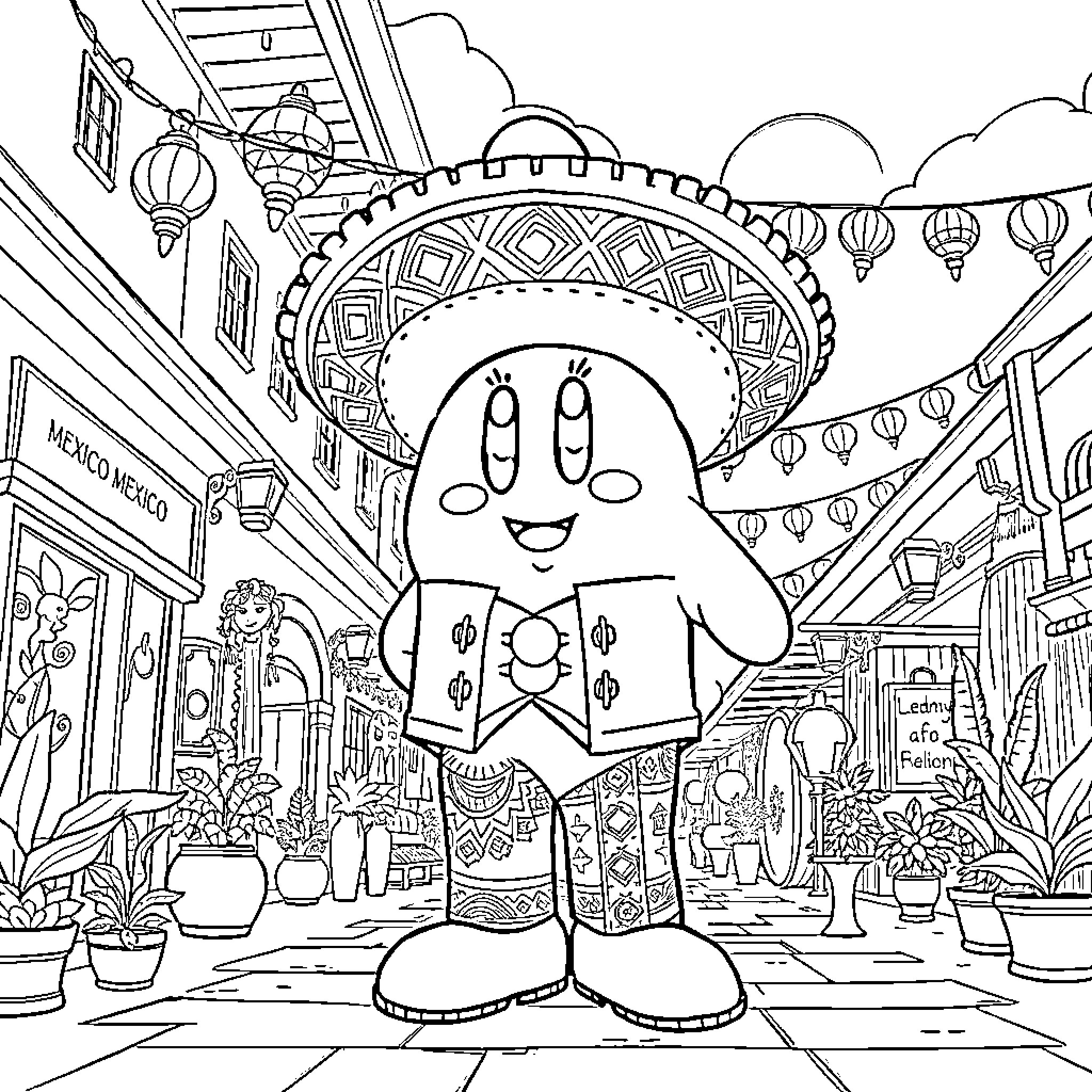 Kirby enjoying a festive Mexican market scene Coloring Page (free black-and-white line drawing printable PDF for all, from beginners to advanced learners, including children, teens, adults, and seniors)