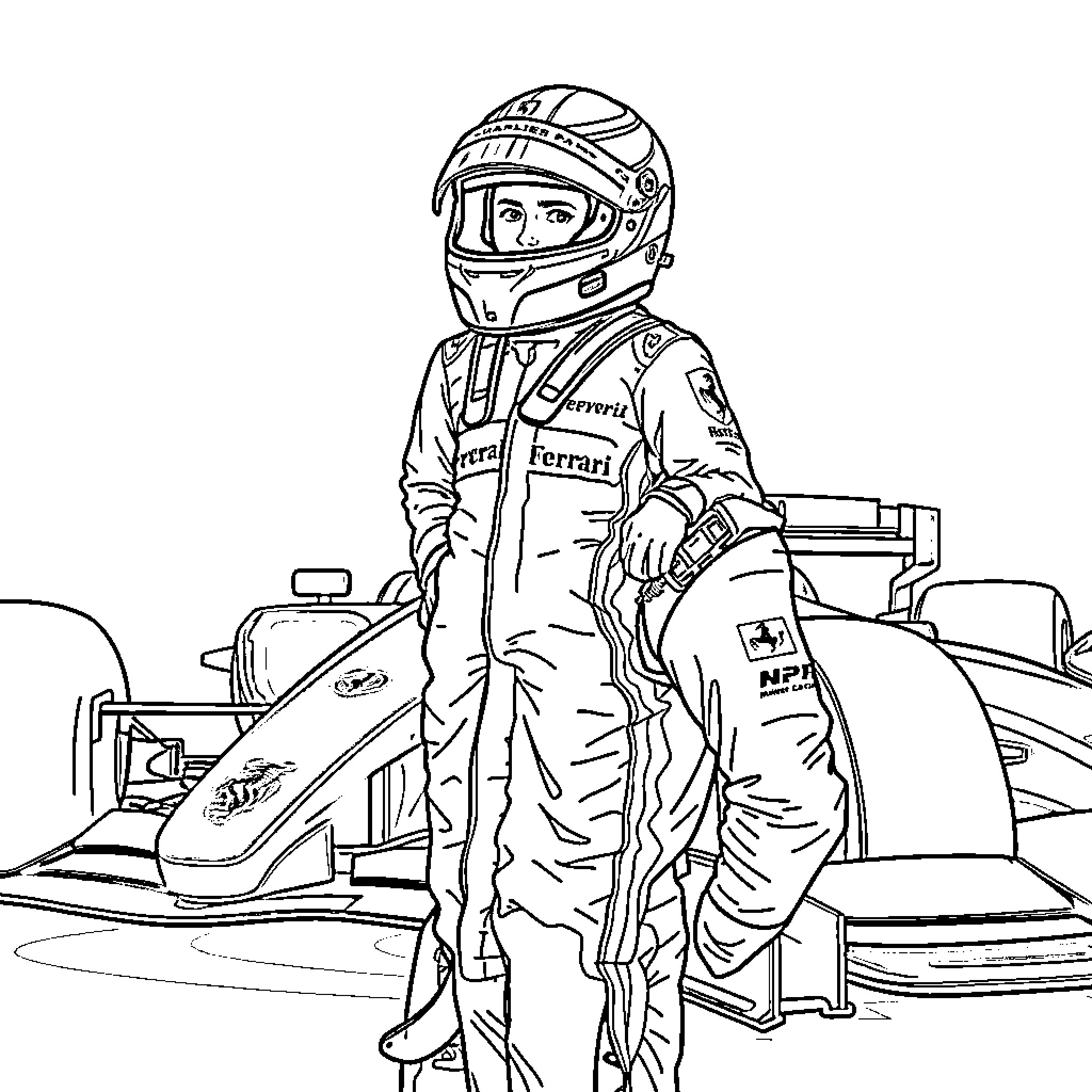 Charles Leclerc standing next to a racing car Coloring Page (free black-and-white line drawing printable PDF for all, from beginners to advanced learners, including children, teens, adults, and seniors)