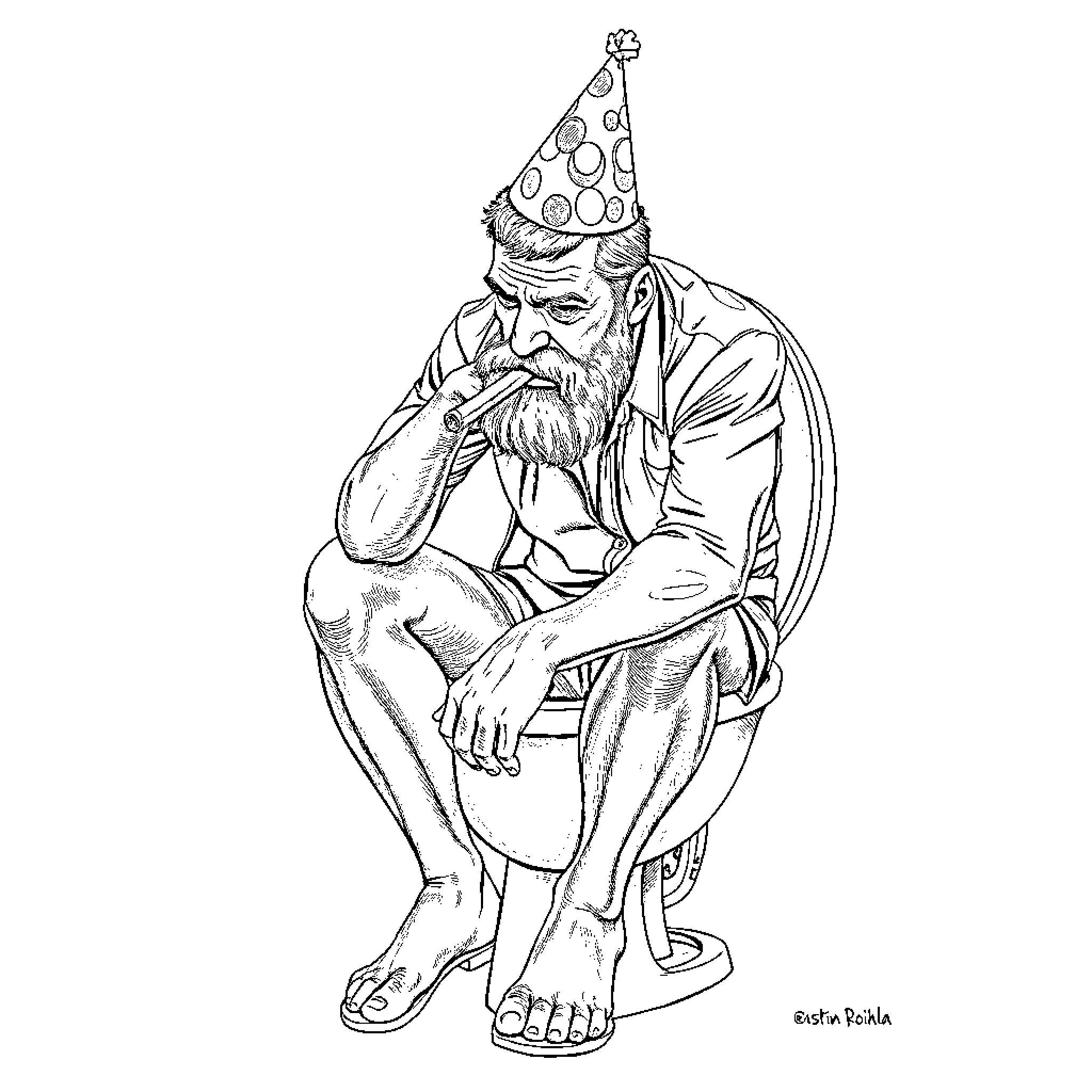 Man in contemplative pose wearing party hat Coloring Page (free black-and-white line drawing printable PDF for all, from beginners to advanced learners, including children, teens, adults, and seniors)