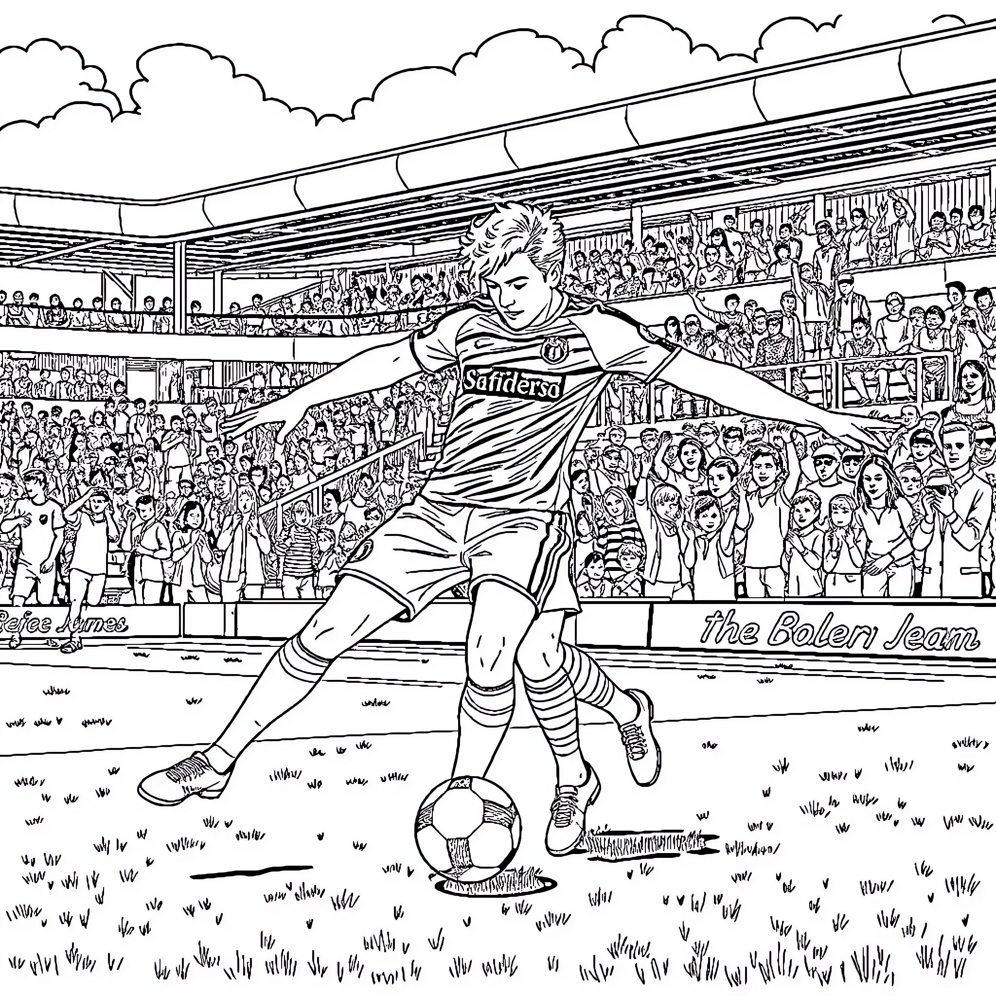 Reece James in action on the soccer field Coloring Page (free black-and-white line drawing printable PDF for all, from beginners to advanced learners, including children, teens, adults, and seniors)