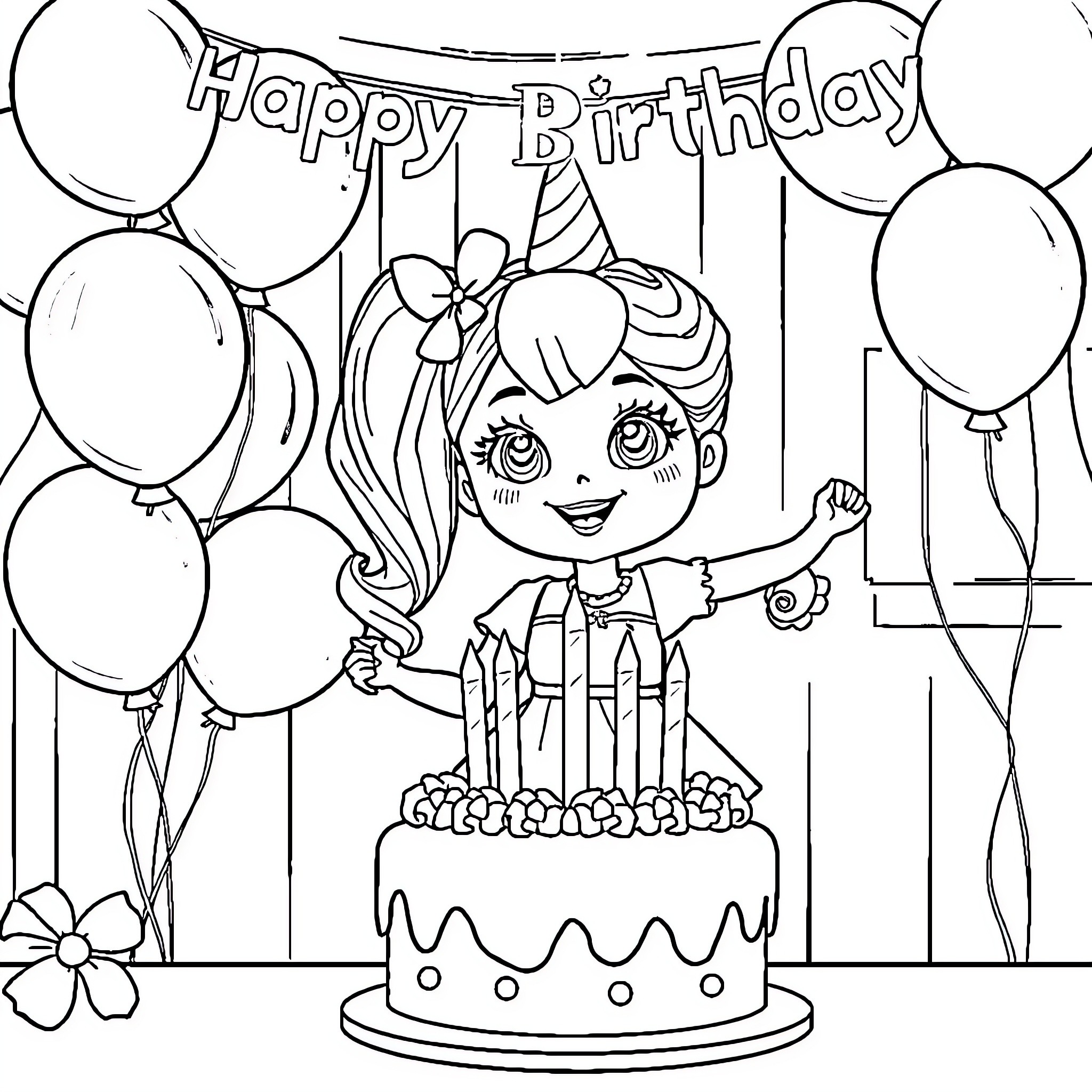 Gabby's Happy Birthday with Balloons and Cake Coloring Page (free black-and-white line drawing printable PDF for all, from beginners to advanced learners, including children, teens, adults, and seniors)