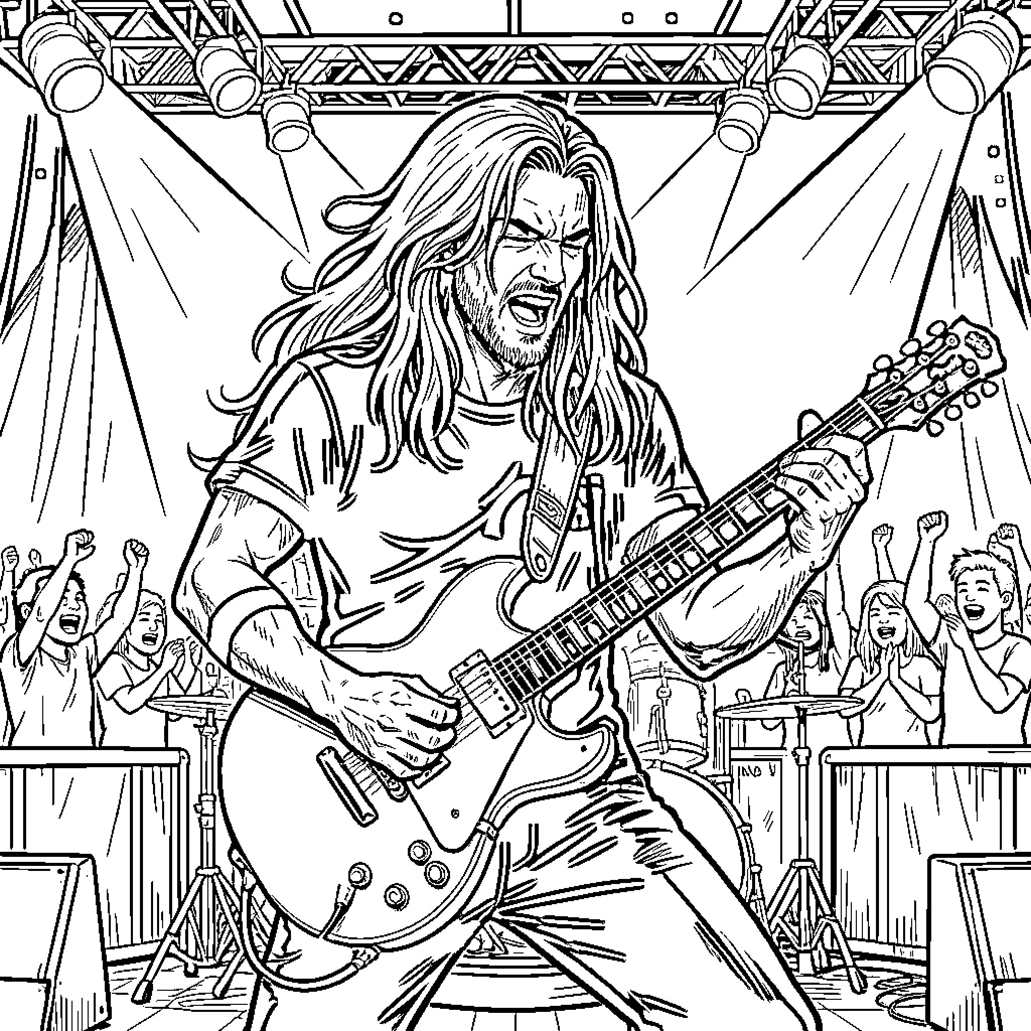 Guitarist performing on stage with passion Coloring Page (free black-and-white line drawing printable PDF for all, from beginners to advanced learners, including children, teens, adults, and seniors)