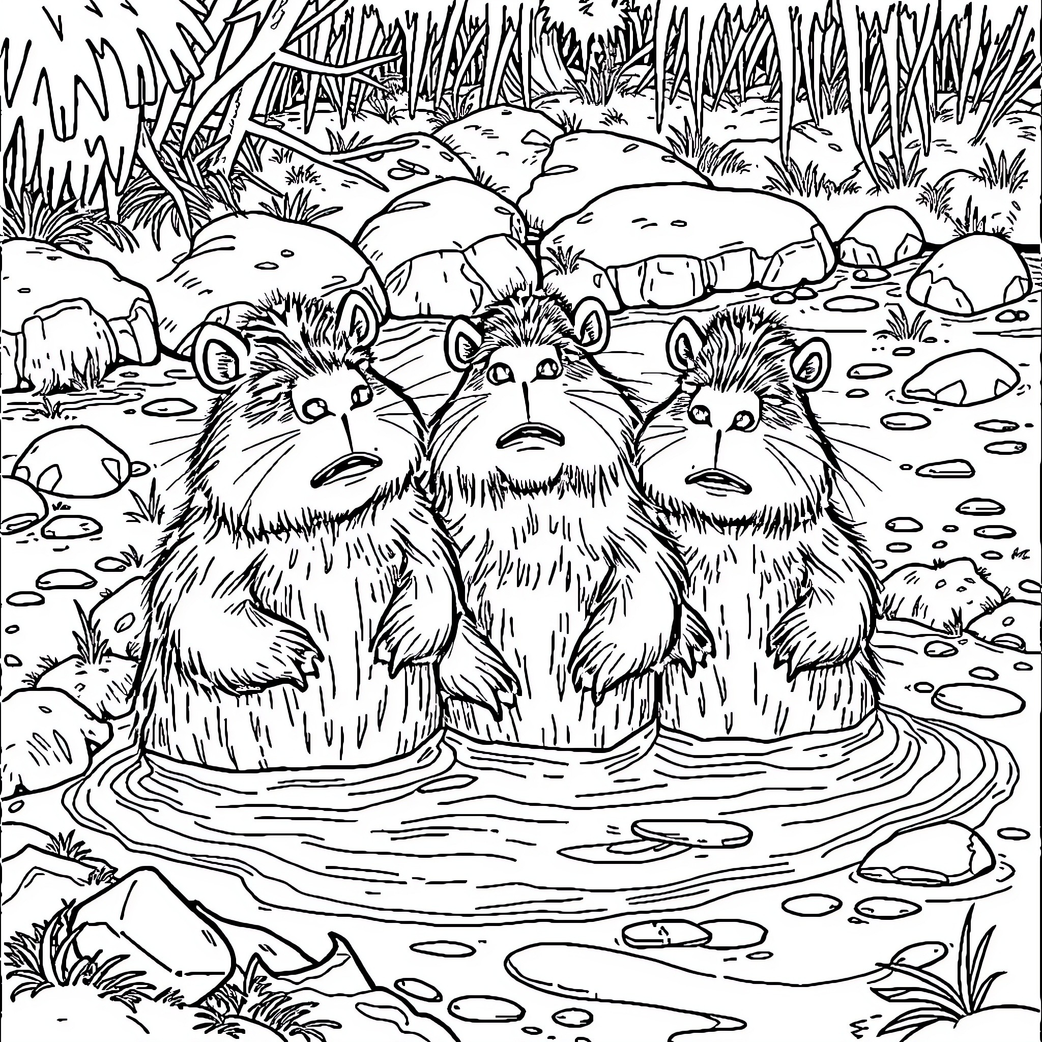 Capybara family relaxing in the water Coloring Page (free black-and-white line drawing printable PDF for all, from beginners to advanced learners, including children, teens, adults, and seniors)