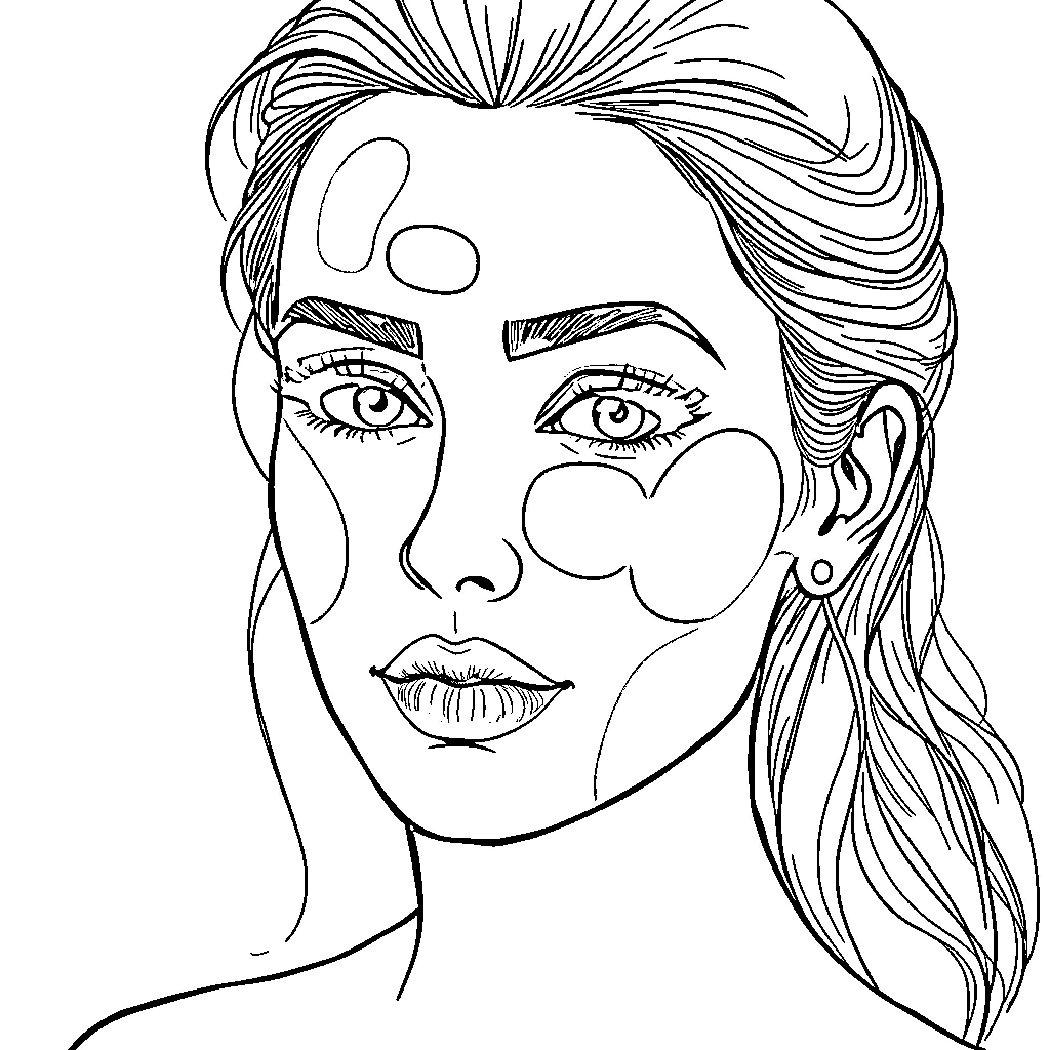Lady with expressive eyes and stylized hair Coloring Page (free black-and-white line drawing printable PDF for all, from beginners to advanced learners, including children, teens, adults, and seniors)
