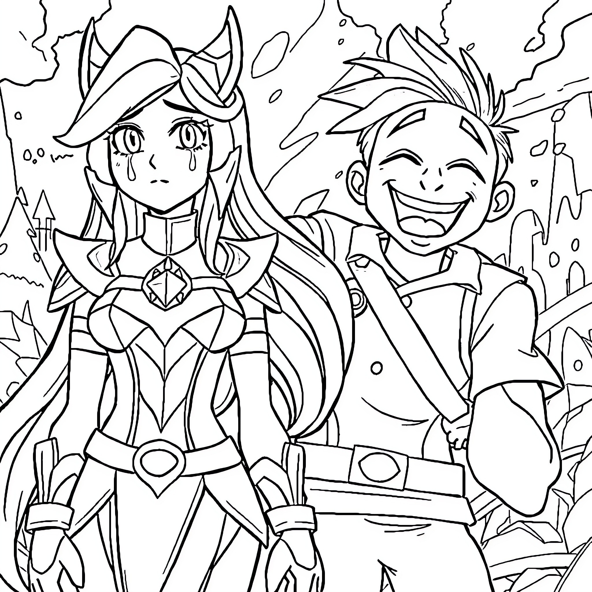 Caitlyn and Ezreal's Animated Adventure Coloring Page (free black-and-white line drawing printable PDF for all, from beginners to advanced learners, including children, teens, adults, and seniors)