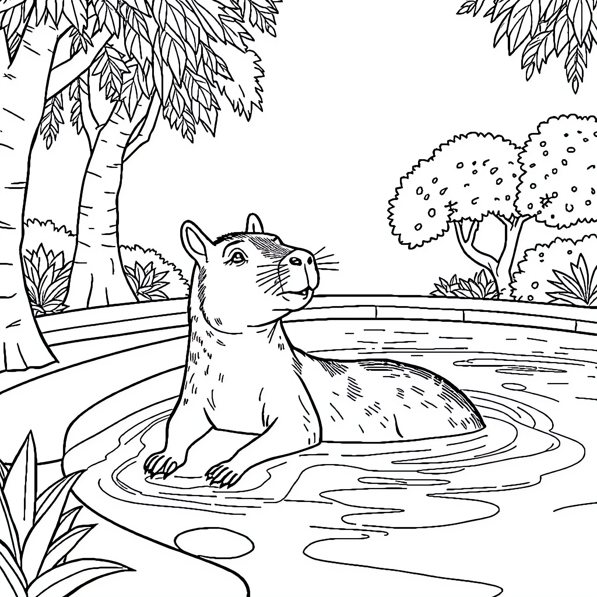 Capybara relaxing in a serene pond Coloring Page (free black-and-white line drawing printable PDF for all, from beginners to advanced learners, including children, teens, adults, and seniors)