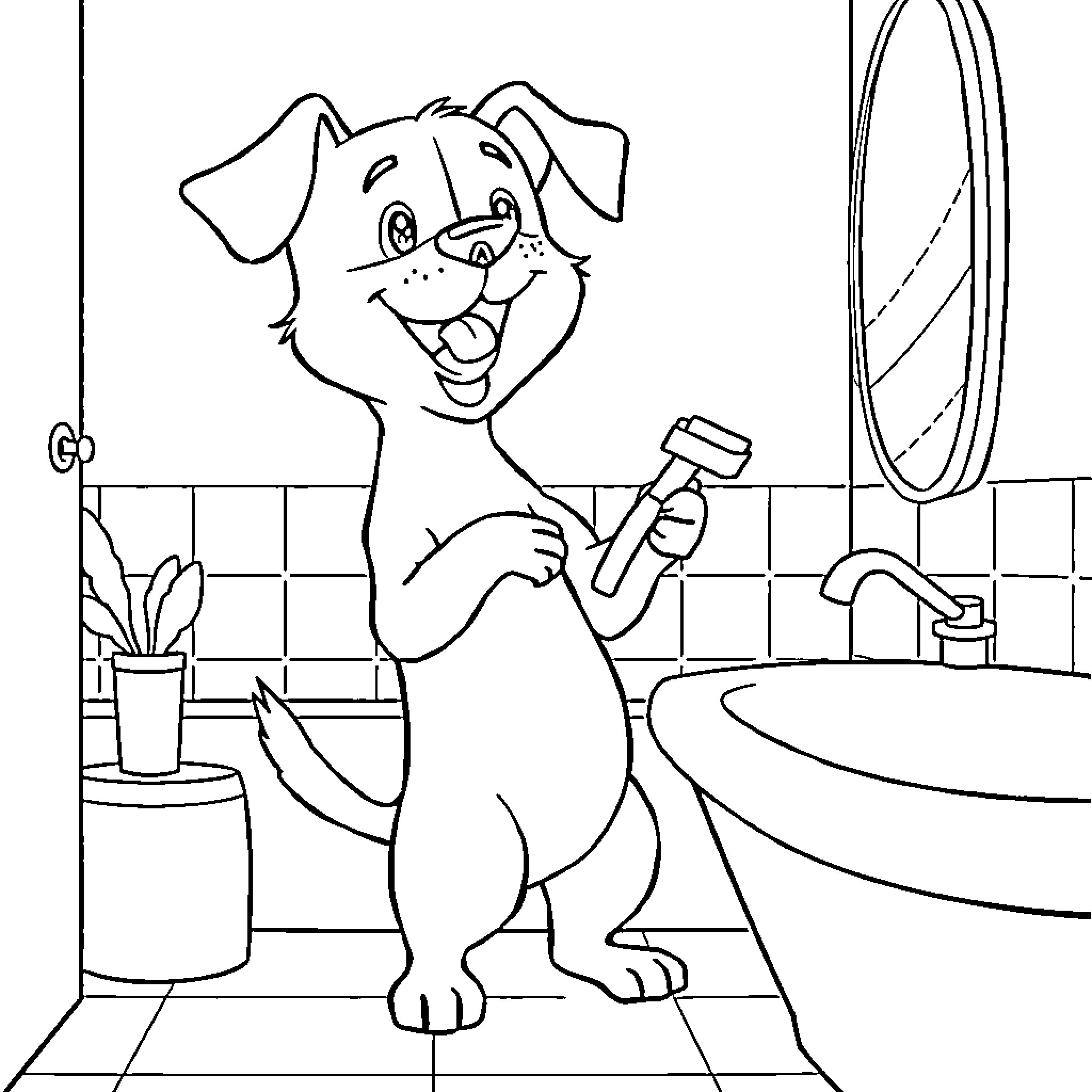 Dog brushing teeth happily in the bathroom Coloring Page (free black-and-white line drawing printable PDF for all, from beginners to advanced learners, including children, teens, adults, and seniors)