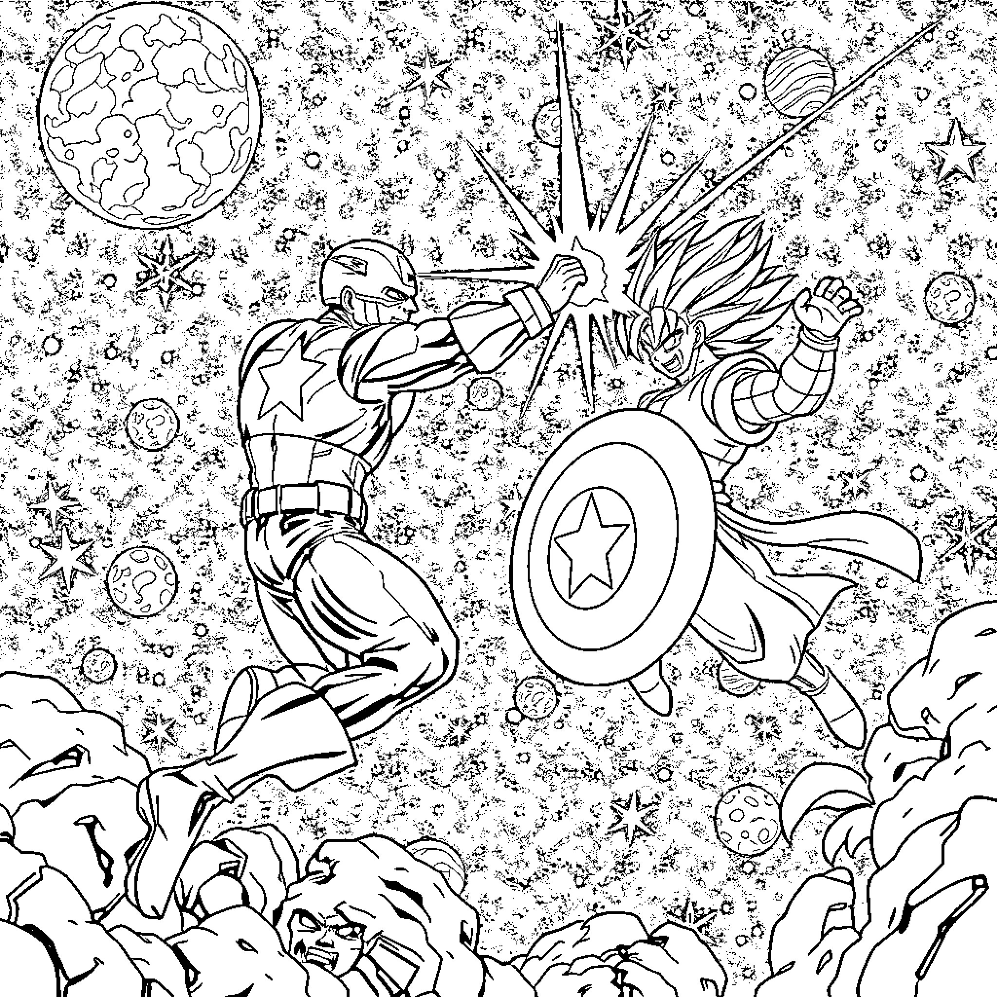 Captain America and Superhero Fighting in Space Coloring Page (free black-and-white line drawing printable PDF for all, from beginners to advanced learners, including children, teens, adults, and seniors)