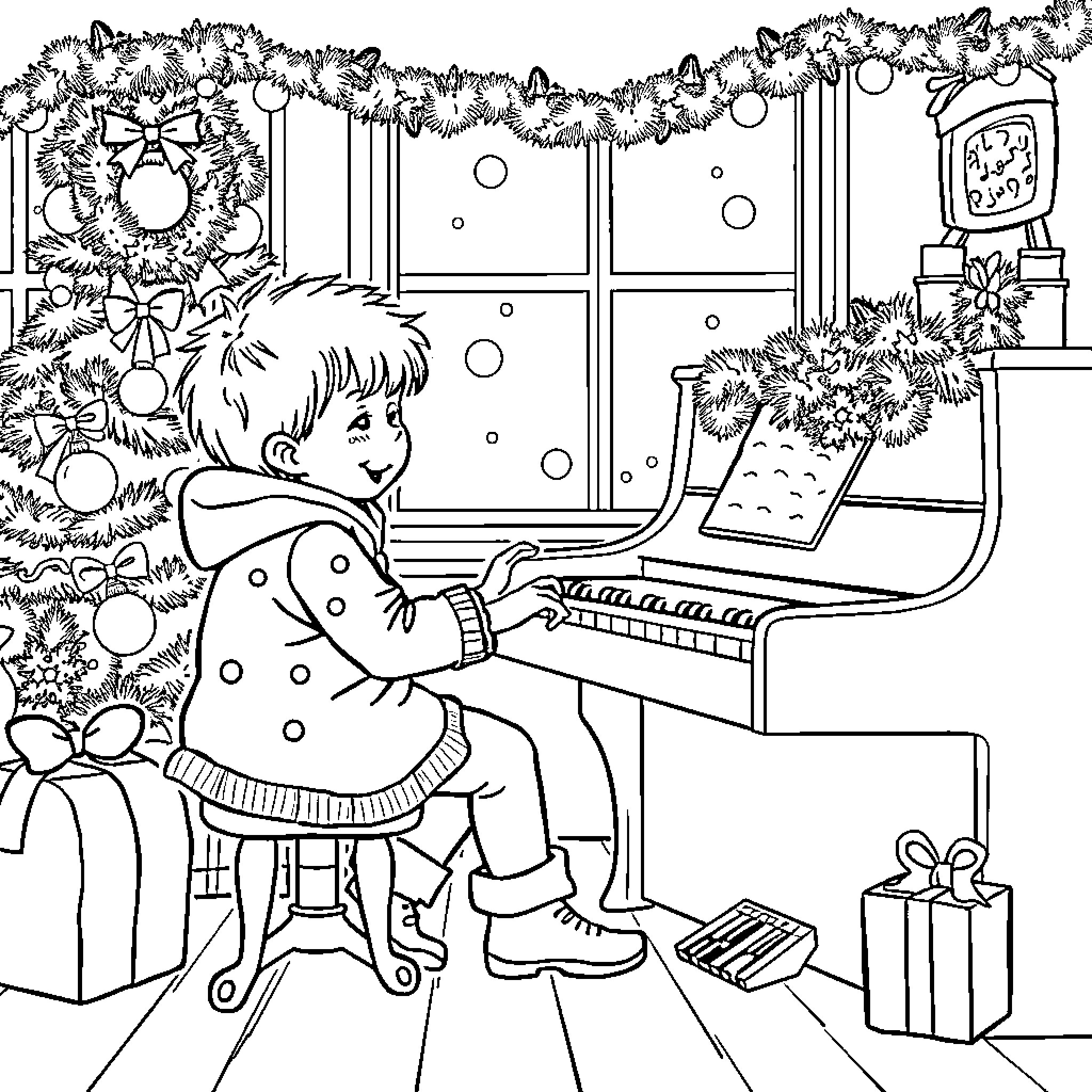 Kid Playing Piano in Festive Holiday Room Coloring Page (free black-and-white line drawing printable PDF for all, from beginners to advanced learners, including children, teens, adults, and seniors)