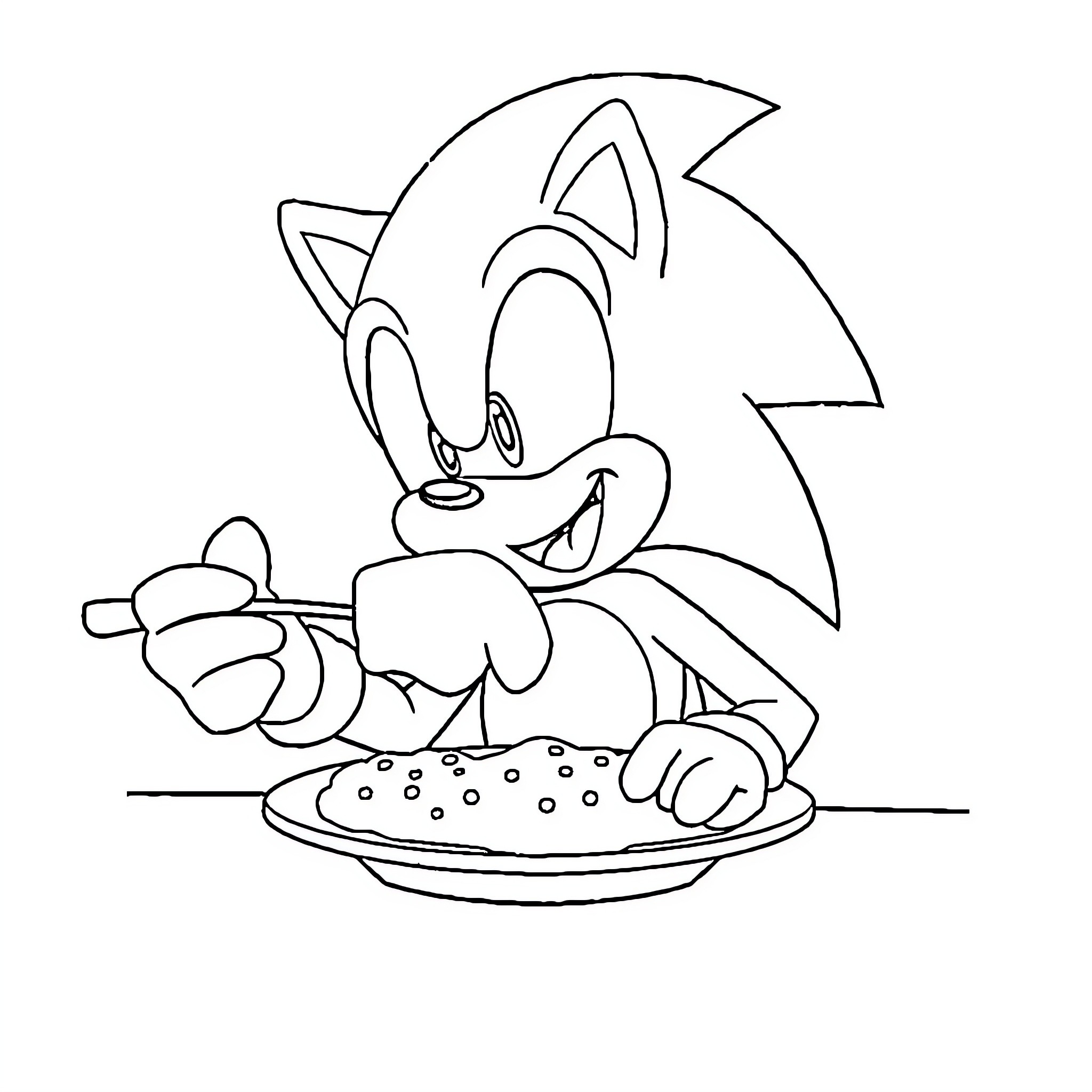 Sonic enjoying a delicious meal Coloring Page (free black-and-white line drawing printable PDF for all, from beginners to advanced learners, including children, teens, adults, and seniors)